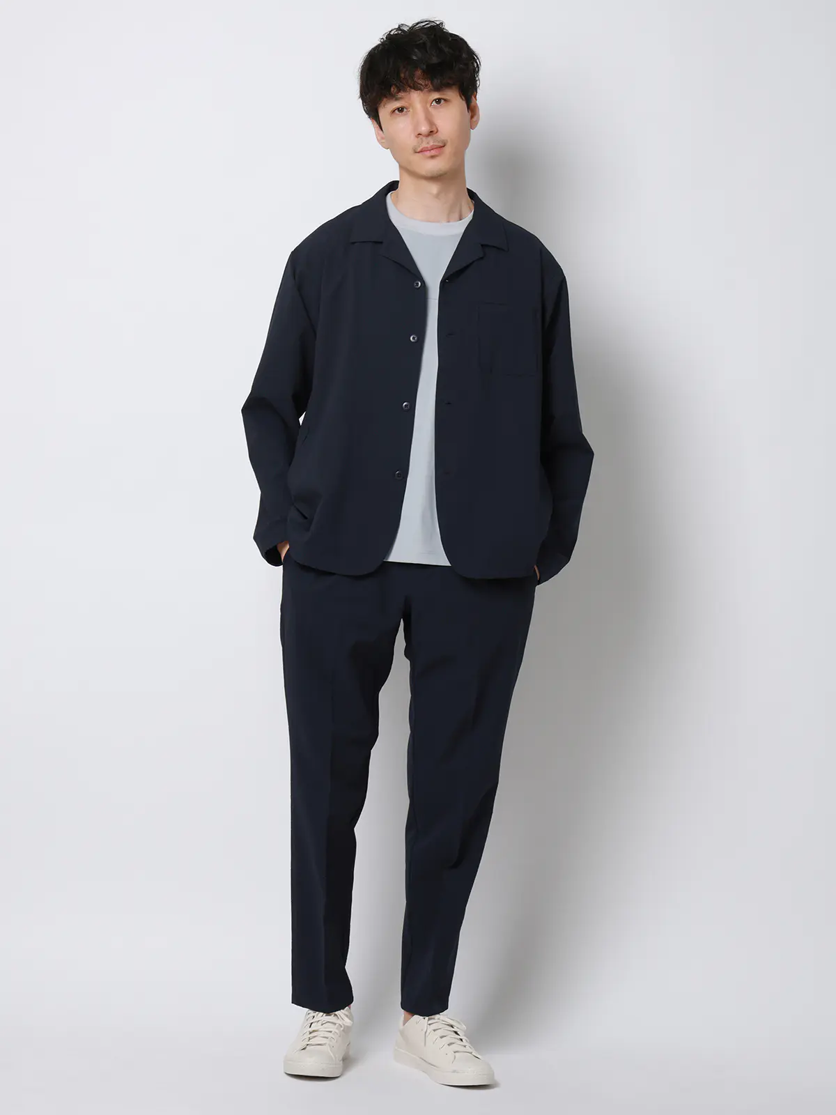 FLAT/オープンカラーアウターシャツ/ウォッシャブル/ストレッチ/ドライシアサッカー/無地 ネイビー S