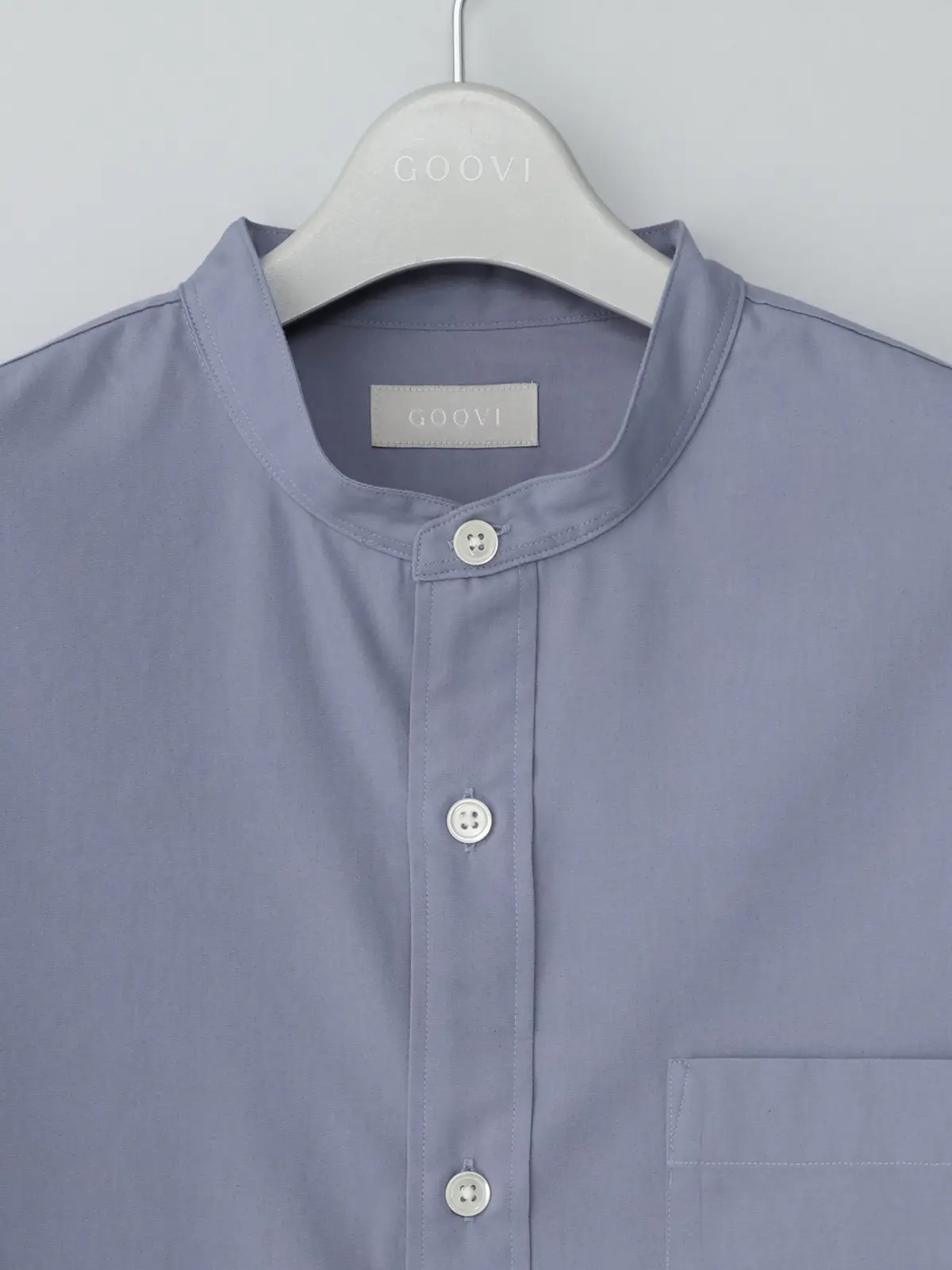 GOOVI／バンドカラーシャツ／長袖／ウォッシャブル／ポリエステルコットンブロード／無地 ブルー 1