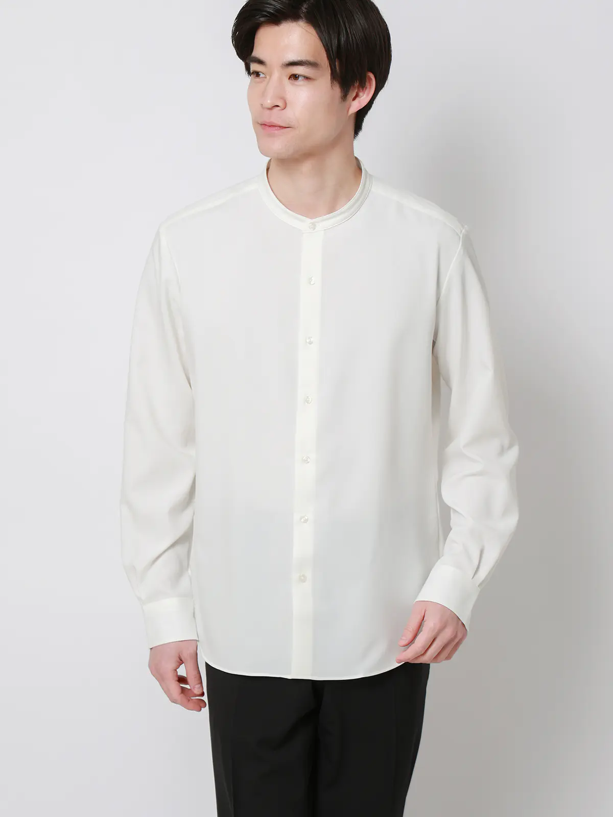 バンドカラーシャツ／長袖／ノンアイロン／ウォッシャブル／ストレッチ／速乾／トロピカル オフホワイト S