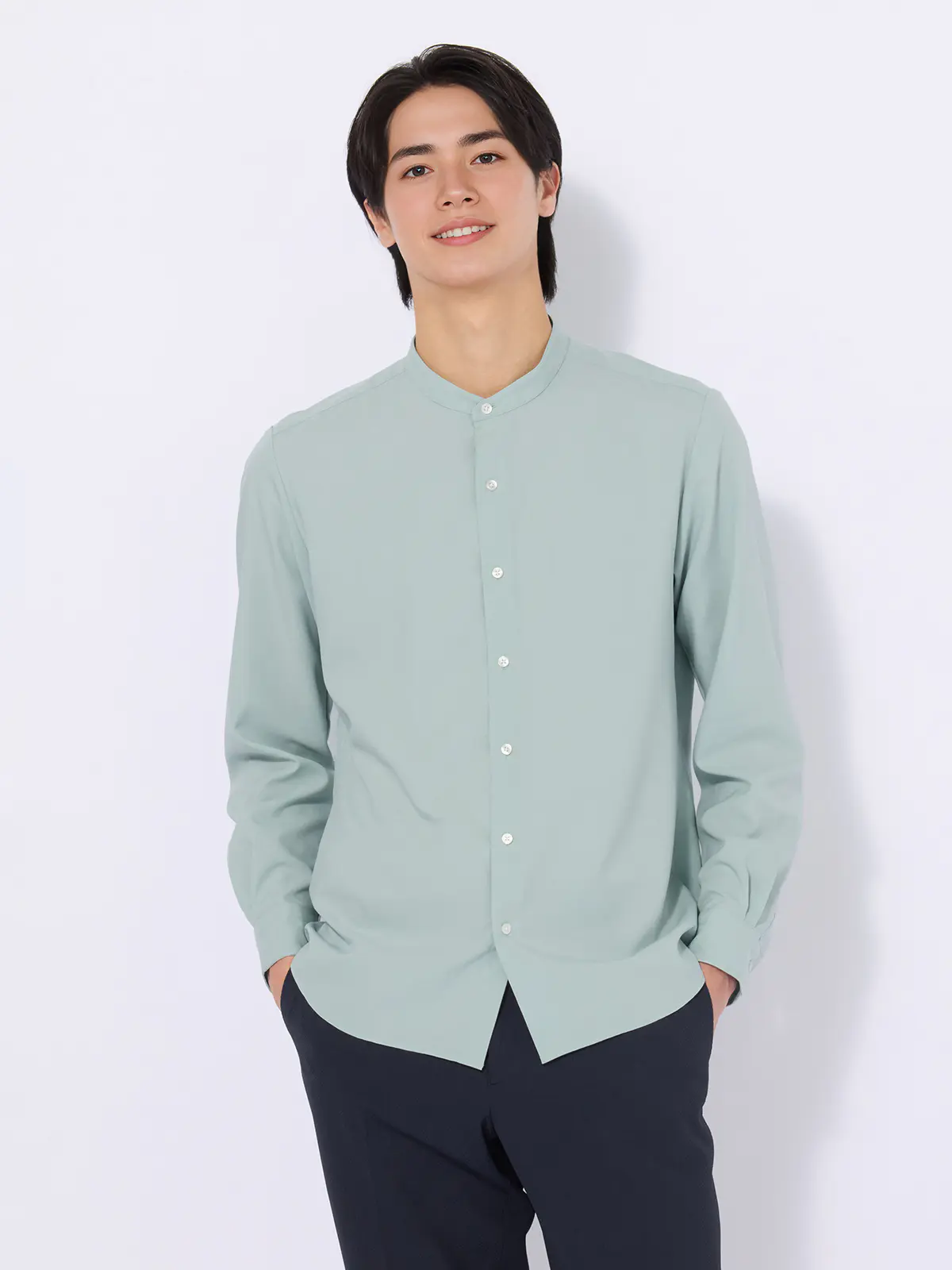 バンドカラーシャツ／長袖／ノンアイロン／ウォッシャブル／ストレッチ／速乾／トロピカル ミント S