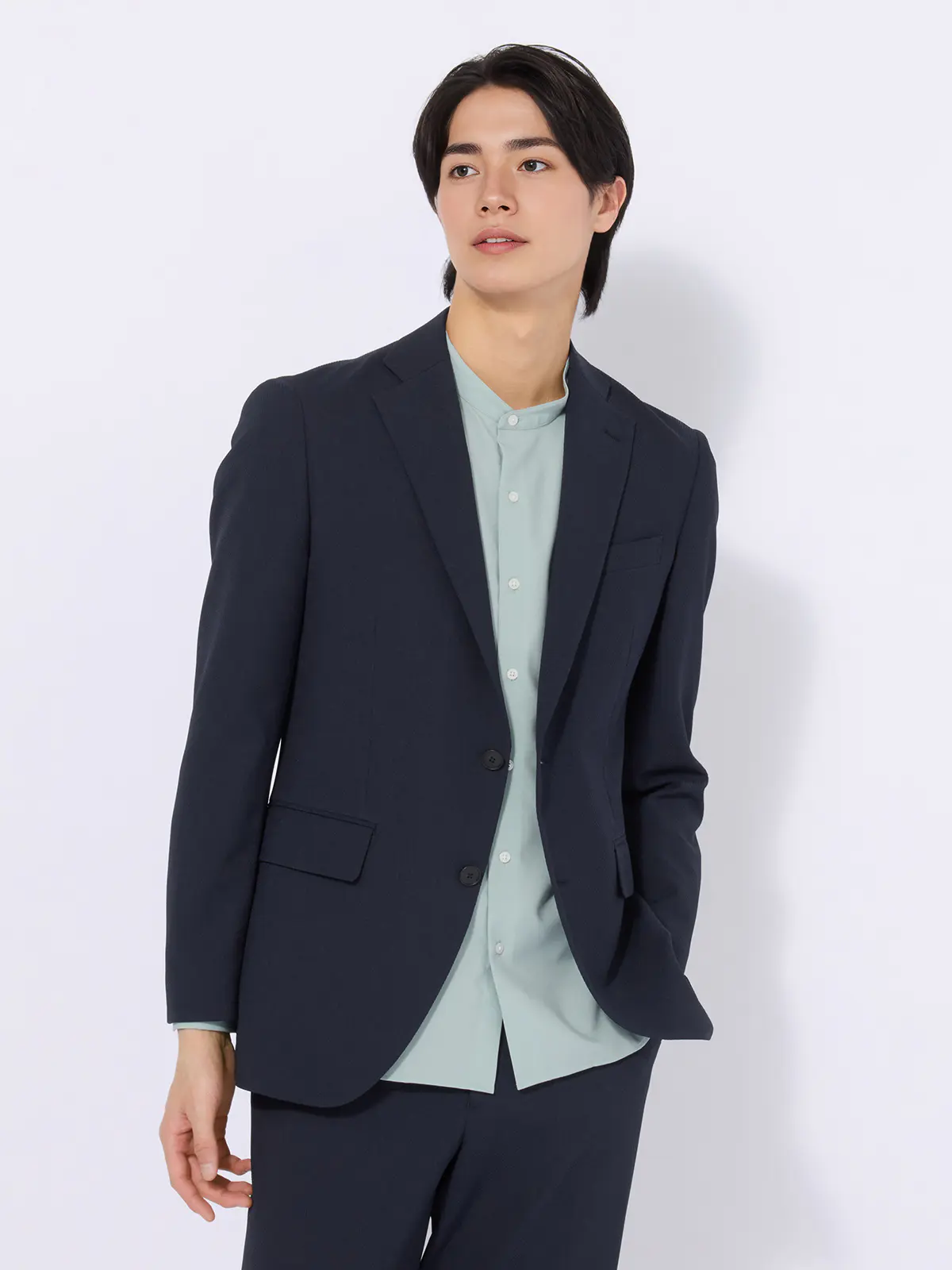 バンドカラーシャツ／長袖／ノンアイロン／ウォッシャブル／ストレッチ／速乾／トロピカル ミント S