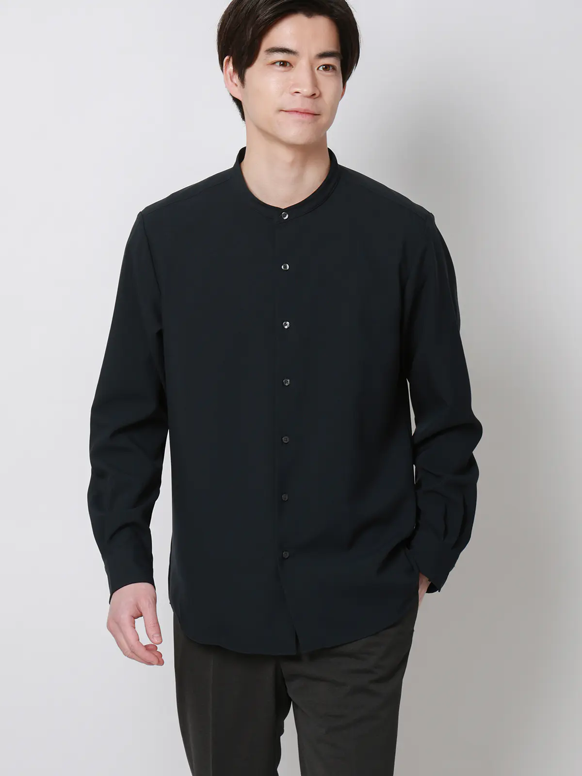 バンドカラーシャツ／長袖／ノンアイロン／ウォッシャブル／ストレッチ／速乾／トロピカル ネイビー S