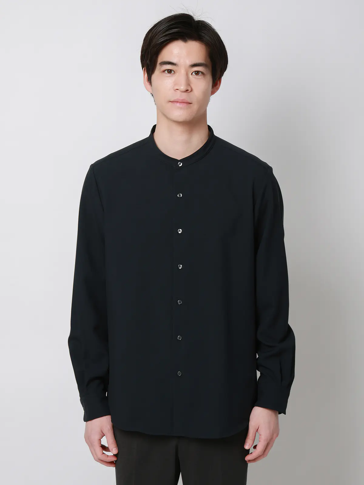 バンドカラーシャツ／長袖／ノンアイロン／ウォッシャブル／ストレッチ／速乾／トロピカル ネイビー S