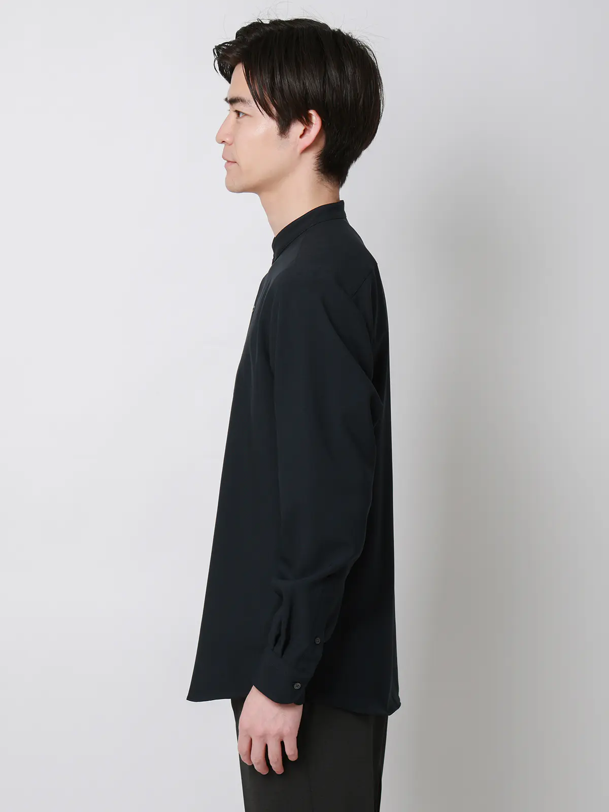 バンドカラーシャツ／長袖／ノンアイロン／ウォッシャブル／ストレッチ／速乾／トロピカル ネイビー S