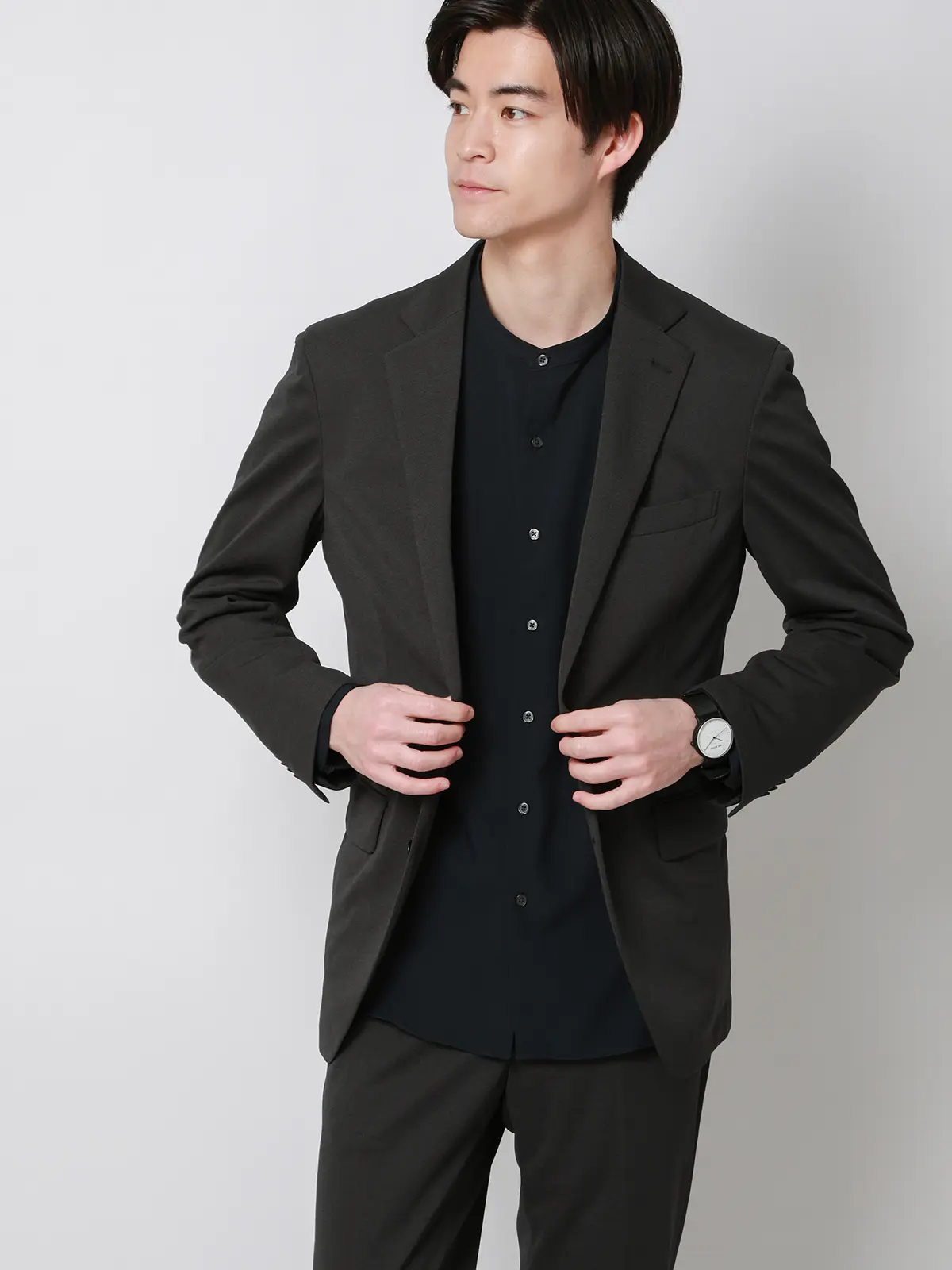 バンドカラーシャツ／長袖／ノンアイロン／ウォッシャブル／ストレッチ／速乾／トロピカル ネイビー S