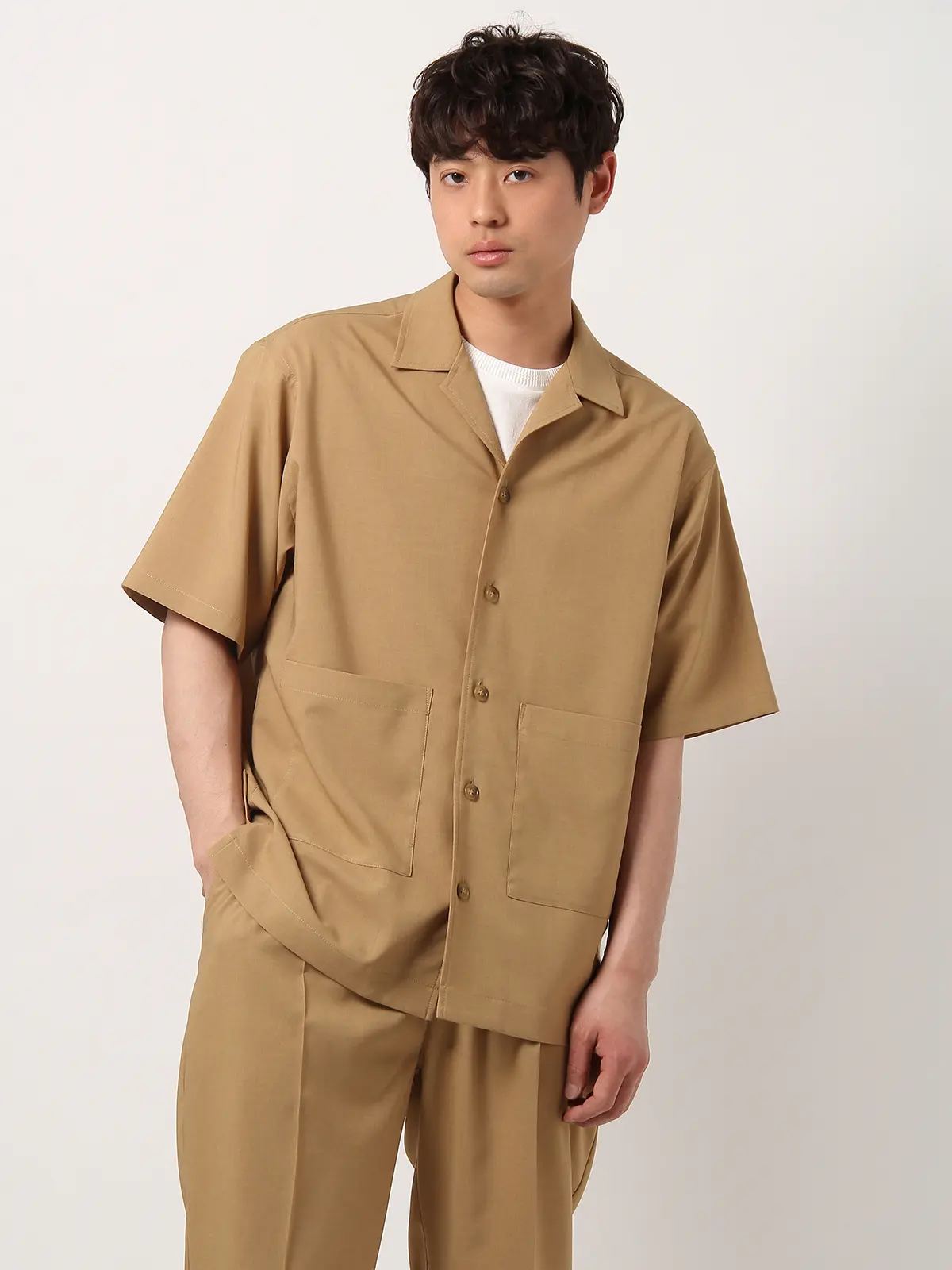 【訳アリ商品】RAXA/オープンカラーアウターシャツ/ハンドウォッシュ/ストレッチ/リネンライク ベージュ S