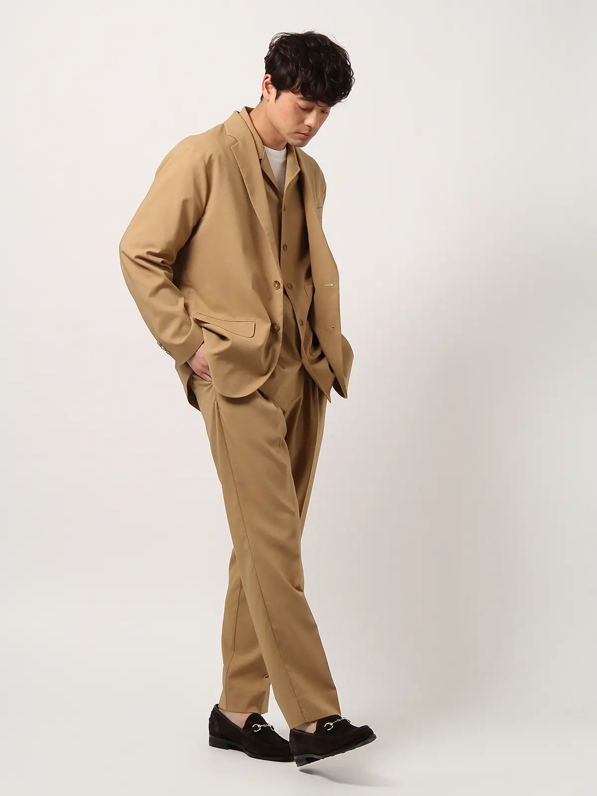 【訳アリ商品】RAXA/オープンカラーアウターシャツ/ハンドウォッシュ/ストレッチ/リネンライク ベージュ S