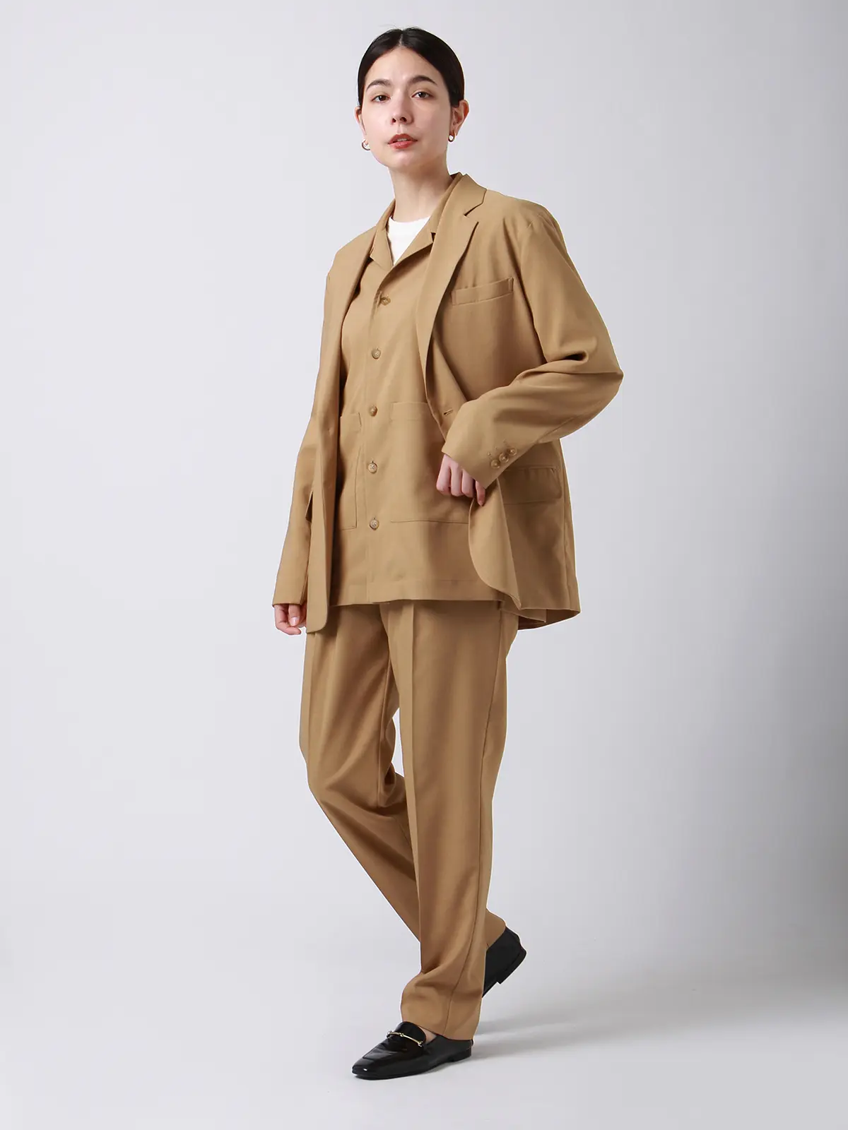 【訳アリ商品】RAXA/オープンカラーアウターシャツ/ハンドウォッシュ/ストレッチ/リネンライク ベージュ S