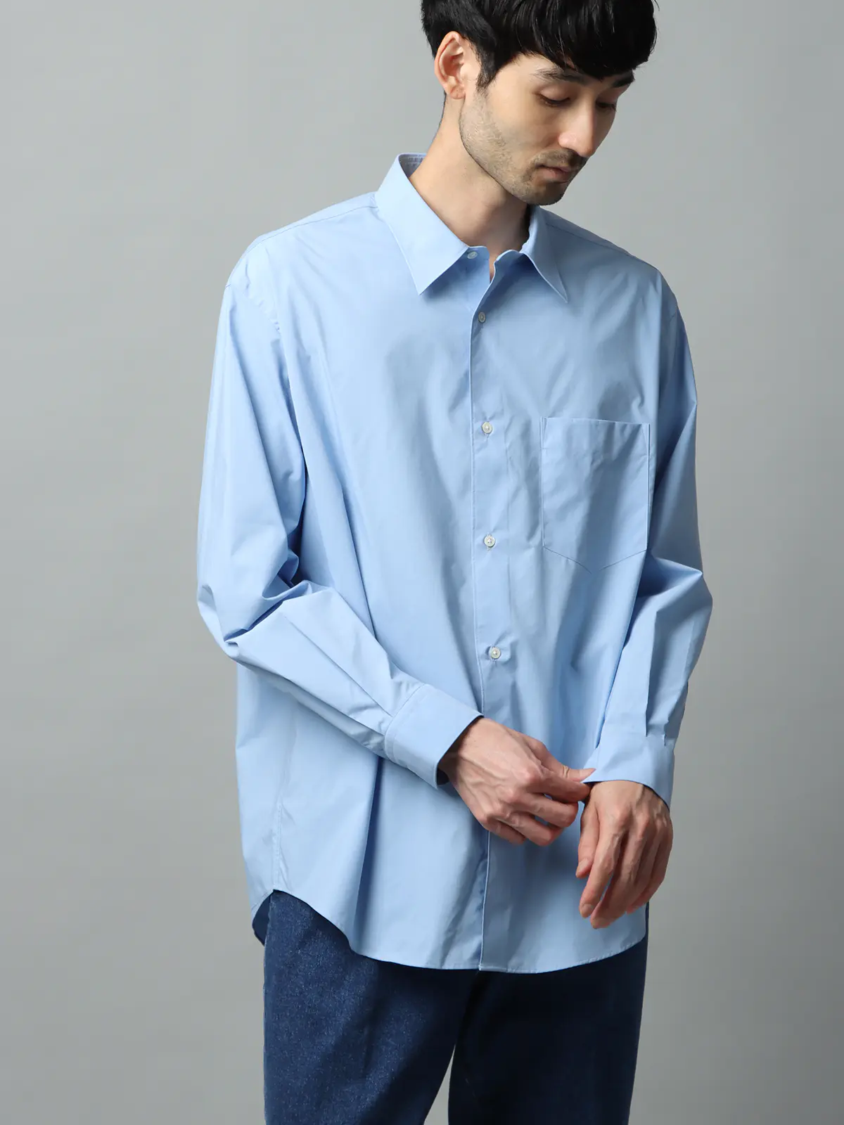 レギュラーカラーシャツ/長袖/ウォッシャブル/Primeflex/タイプライター/無地 ブルー S