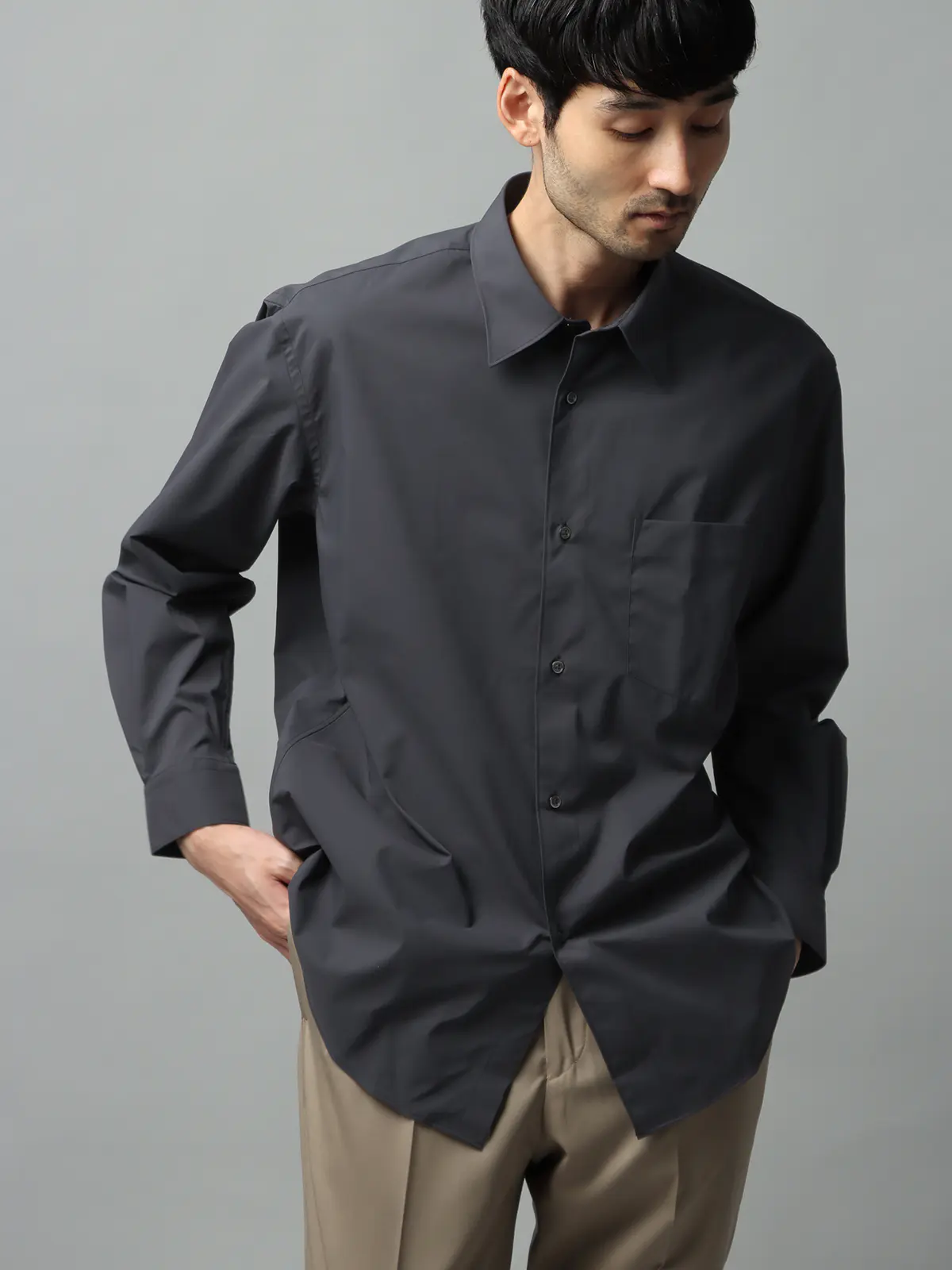 レギュラーカラーシャツ/長袖/ウォッシャブル/Primeflex/タイプライター/無地 ブラック S