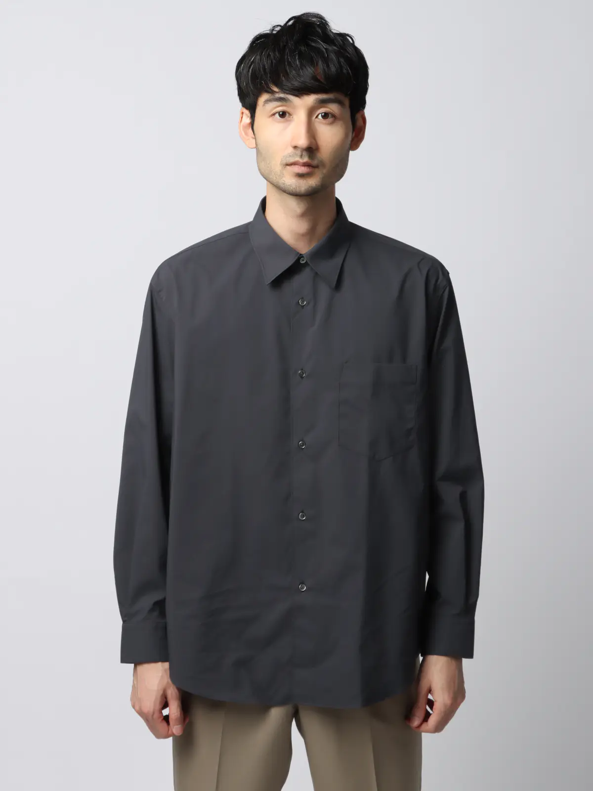 レギュラーカラーシャツ/長袖/ウォッシャブル/Primeflex/タイプライター/無地 ブラック S