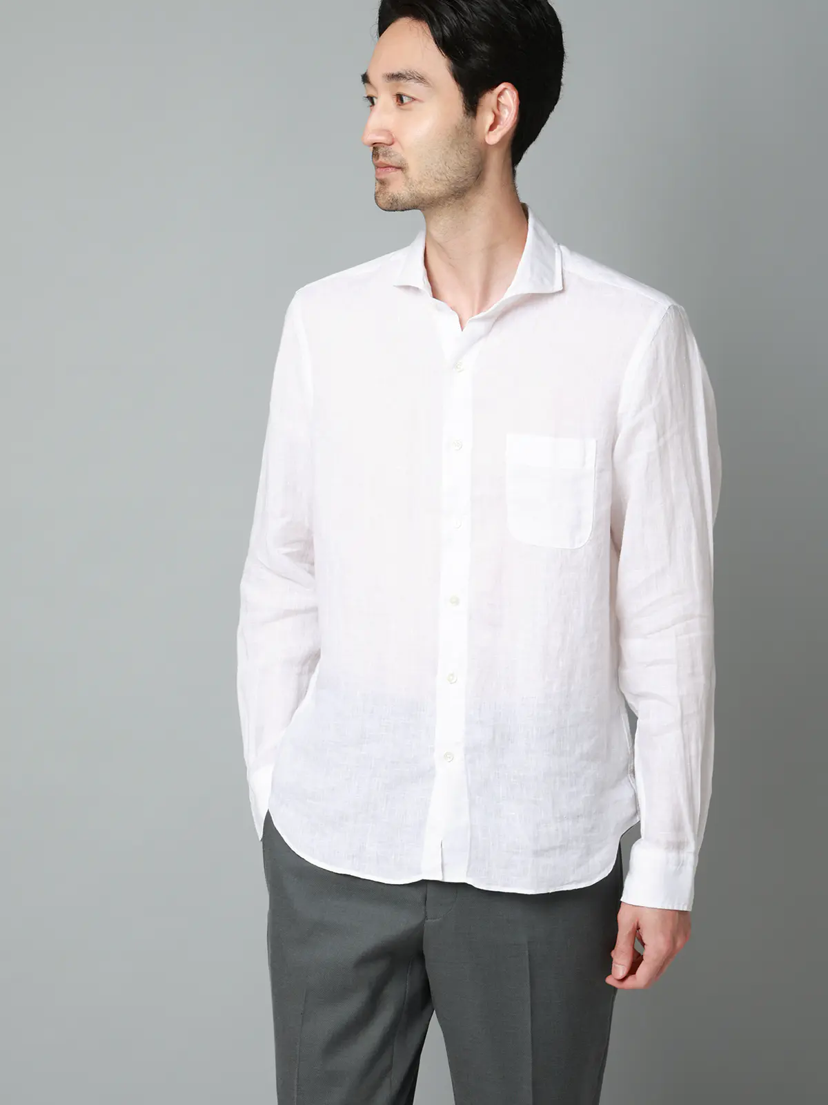 カッタウェイシャツ／長袖／ウォッシャブル／リネン／無地 ホワイト S