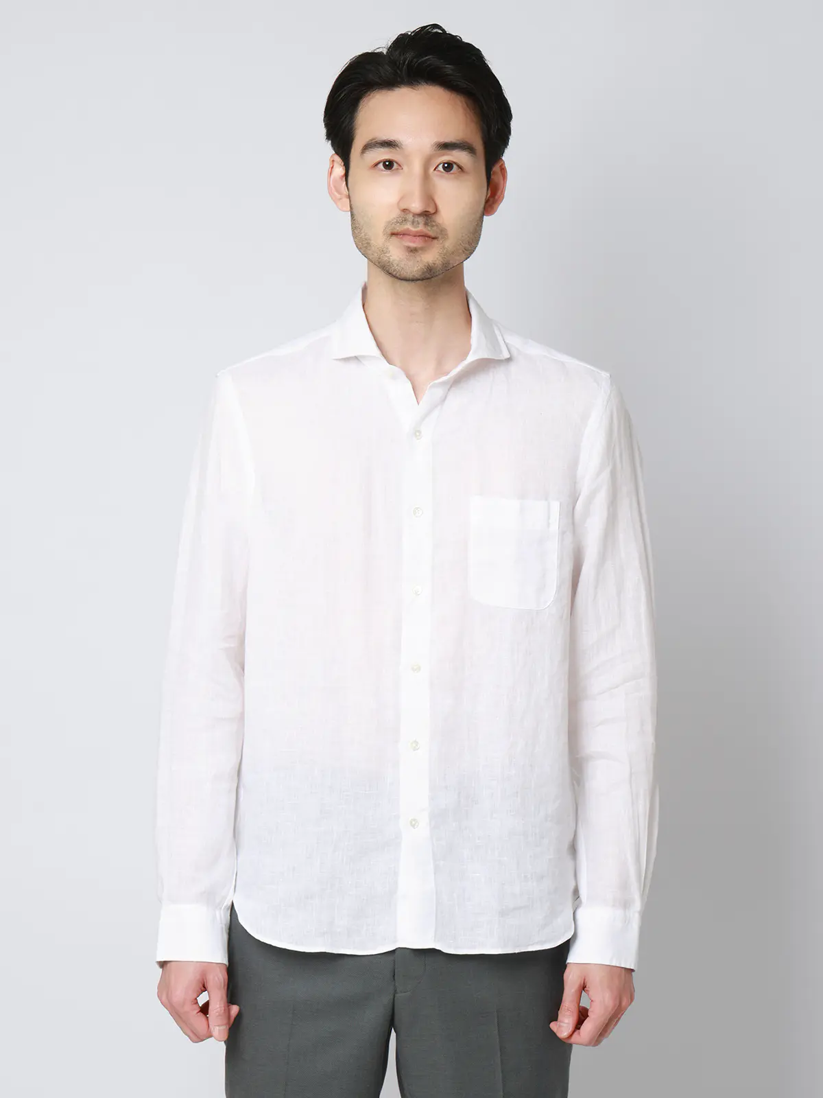 カッタウェイシャツ／長袖／ウォッシャブル／リネン／無地 ホワイト S