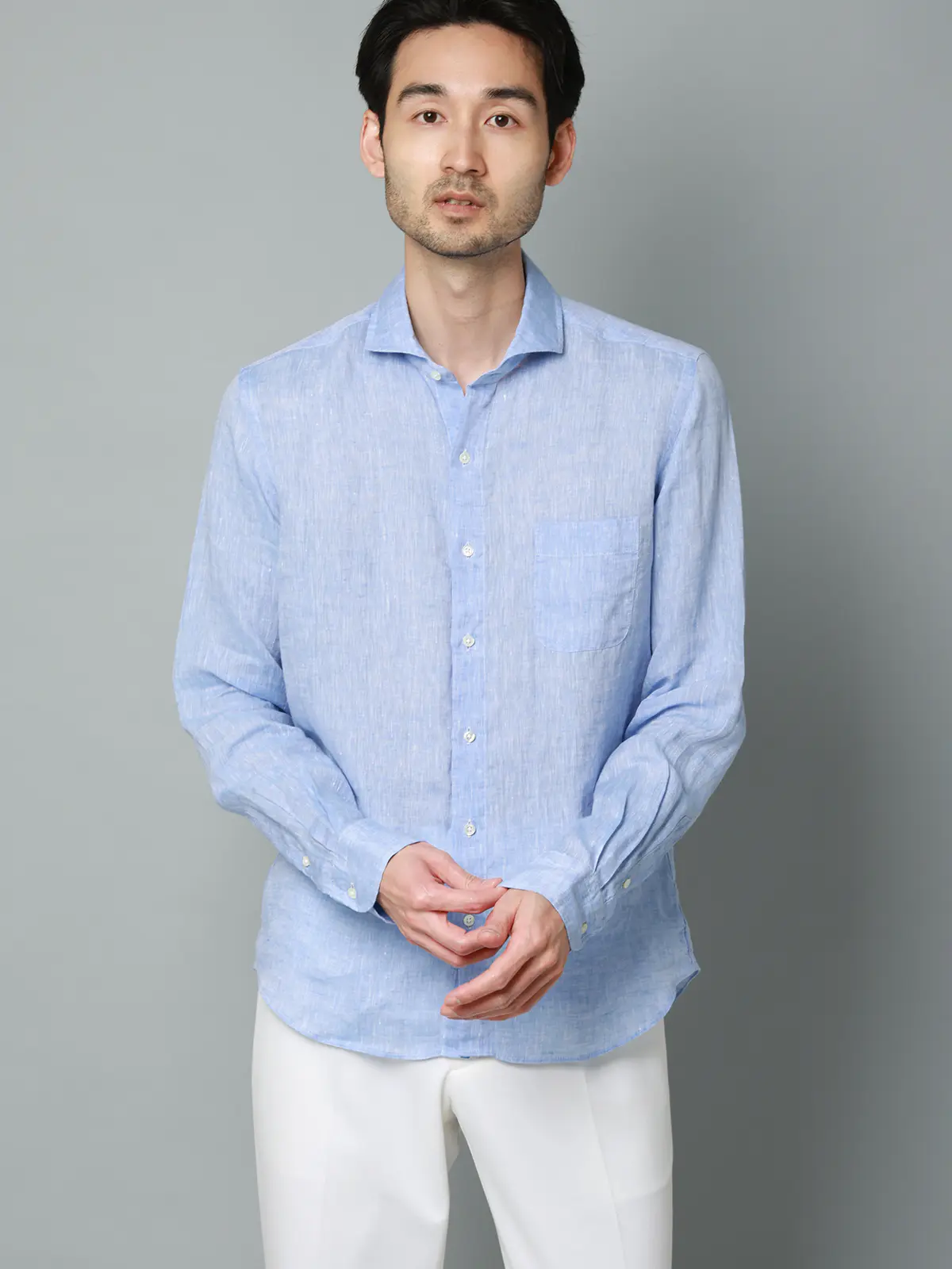 カッタウェイシャツ／長袖／ウォッシャブル／リネン／無地 サックス S