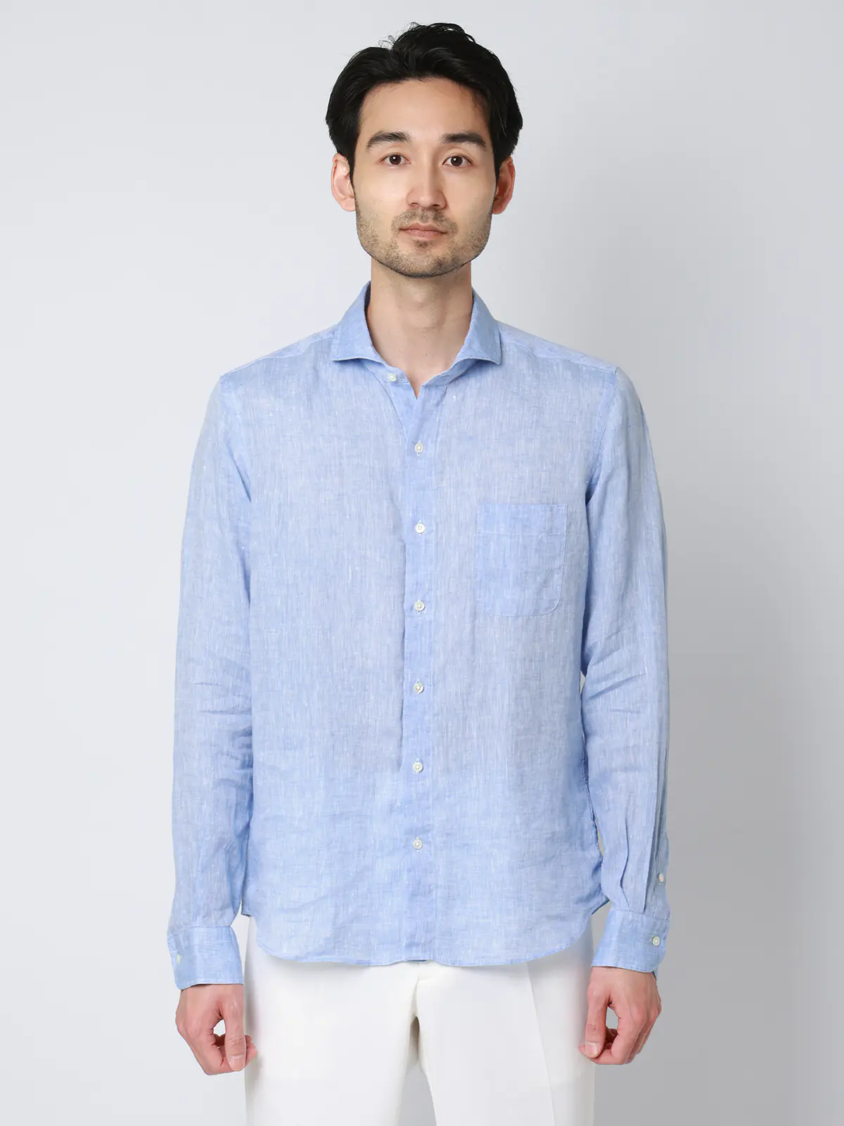 カッタウェイシャツ／長袖／ウォッシャブル／リネン／無地 サックス S