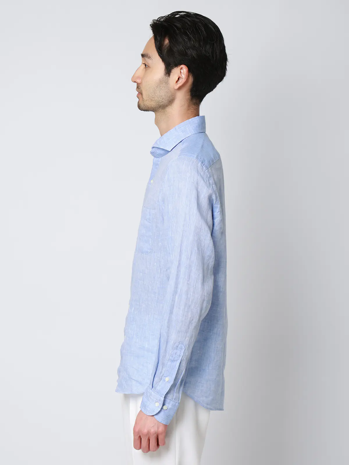 カッタウェイシャツ／長袖／ウォッシャブル／リネン／無地 サックス S