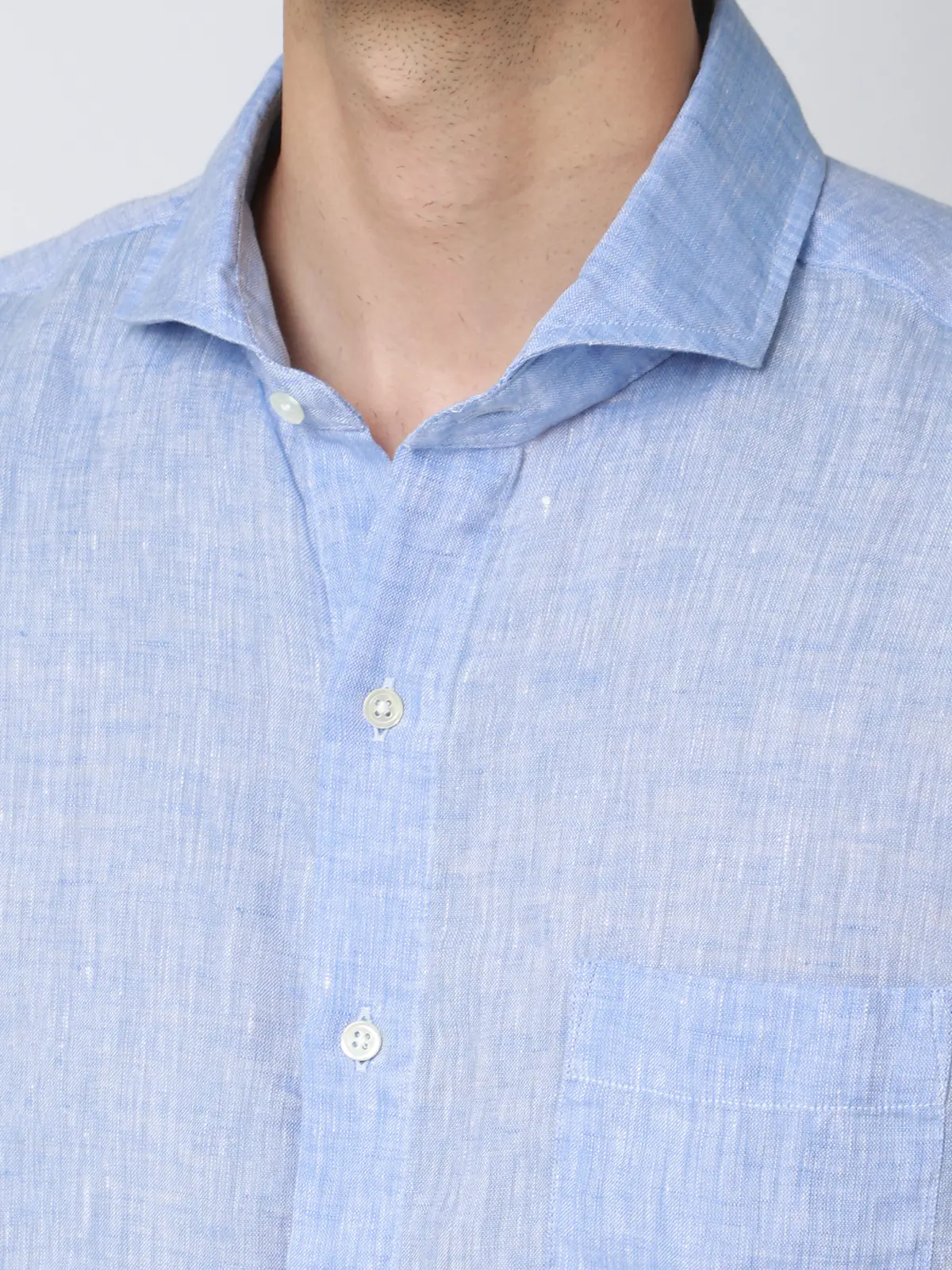 カッタウェイシャツ／長袖／ウォッシャブル／リネン／無地 サックス S