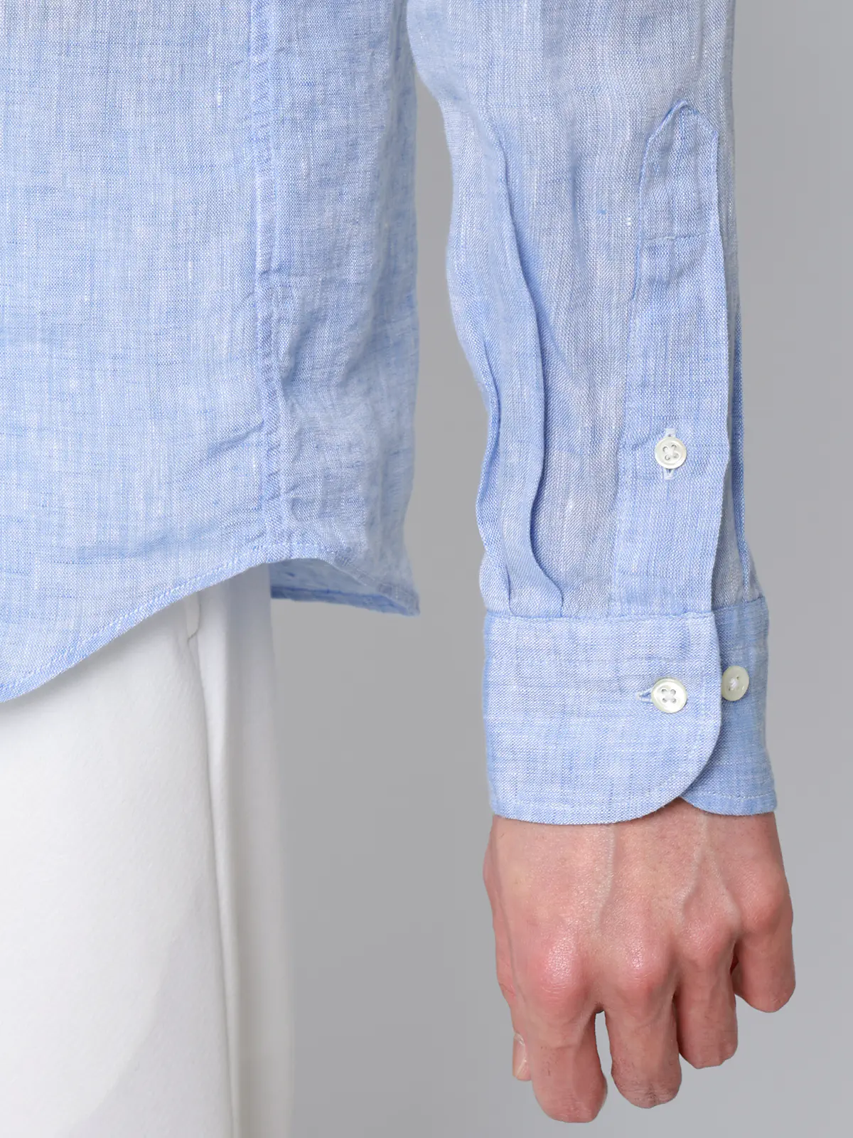 カッタウェイシャツ／長袖／ウォッシャブル／リネン／無地 サックス S