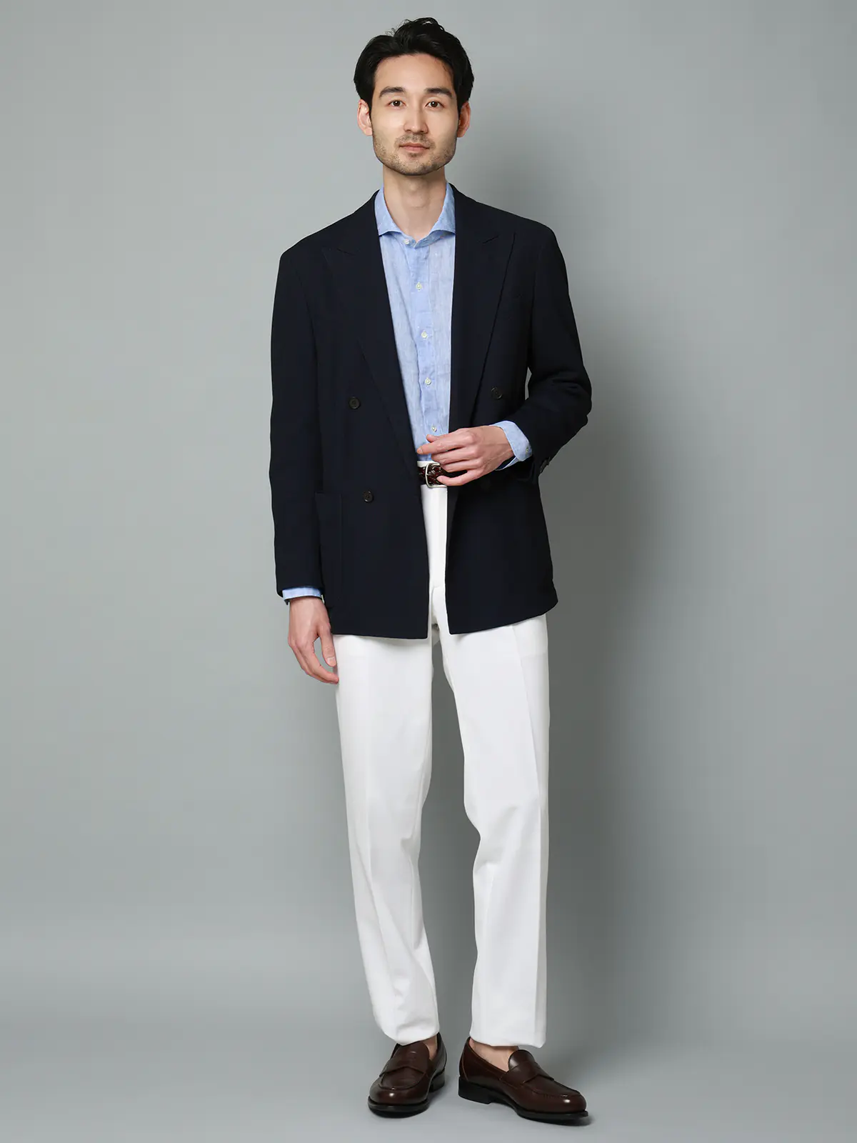 カッタウェイシャツ／長袖／ウォッシャブル／リネン／無地 サックス S