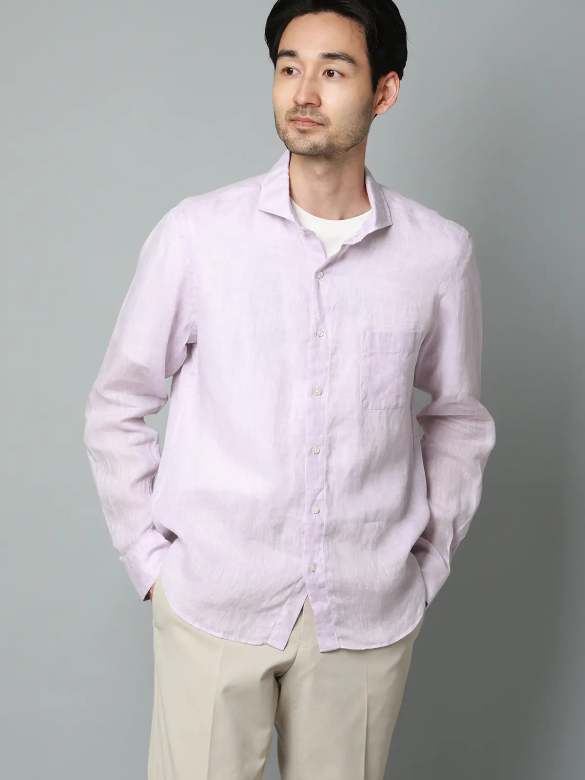 カッタウェイシャツ／長袖／ウォッシャブル／リネン／無地 パープル S