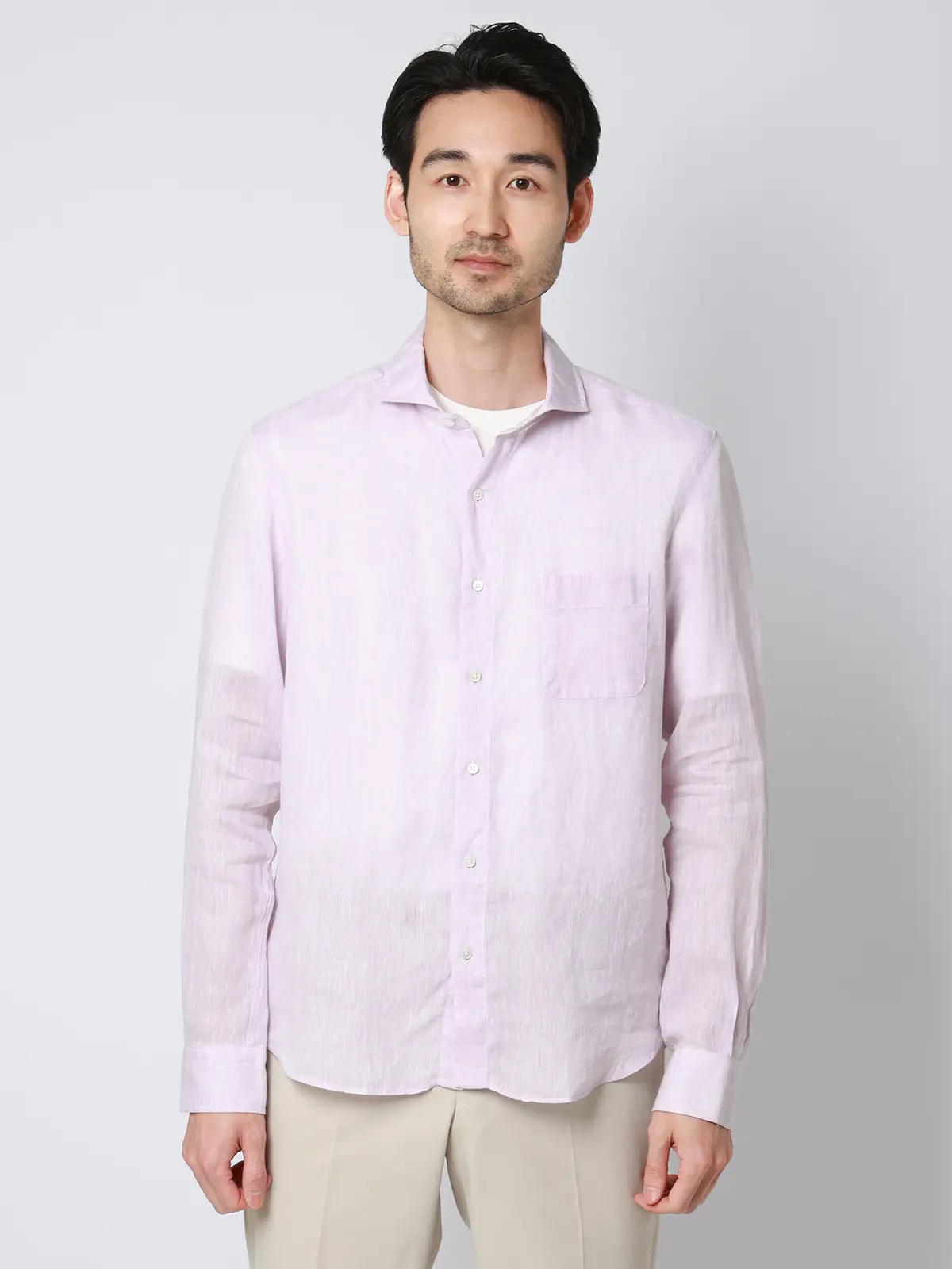 カッタウェイシャツ／長袖／ウォッシャブル／リネン／無地 パープル S