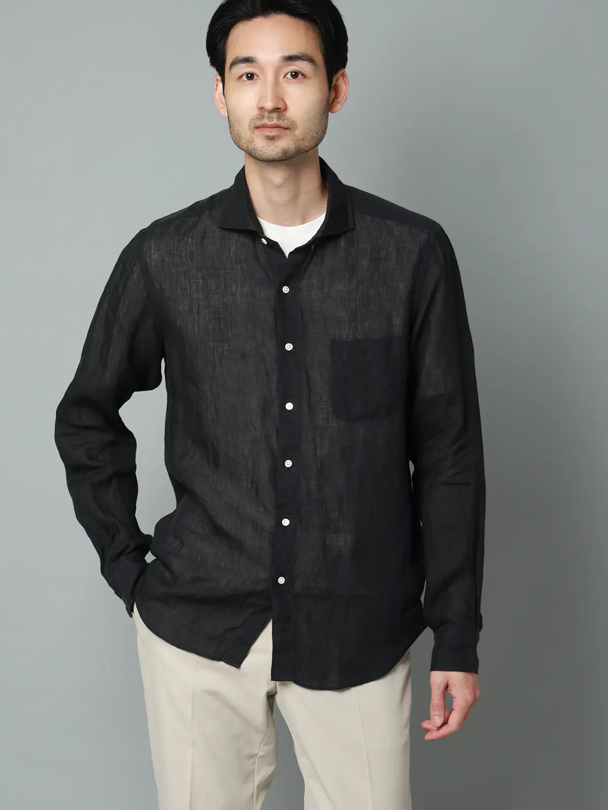 カッタウェイシャツ／長袖／ウォッシャブル／リネン／無地 ブラック S