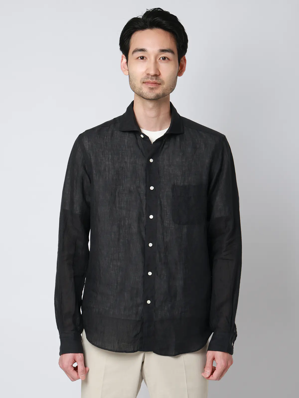 カッタウェイシャツ／長袖／ウォッシャブル／リネン／無地 ブラック S