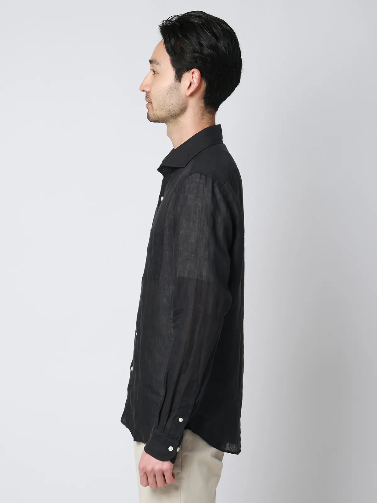 カッタウェイシャツ／長袖／ウォッシャブル／リネン／無地 ブラック S