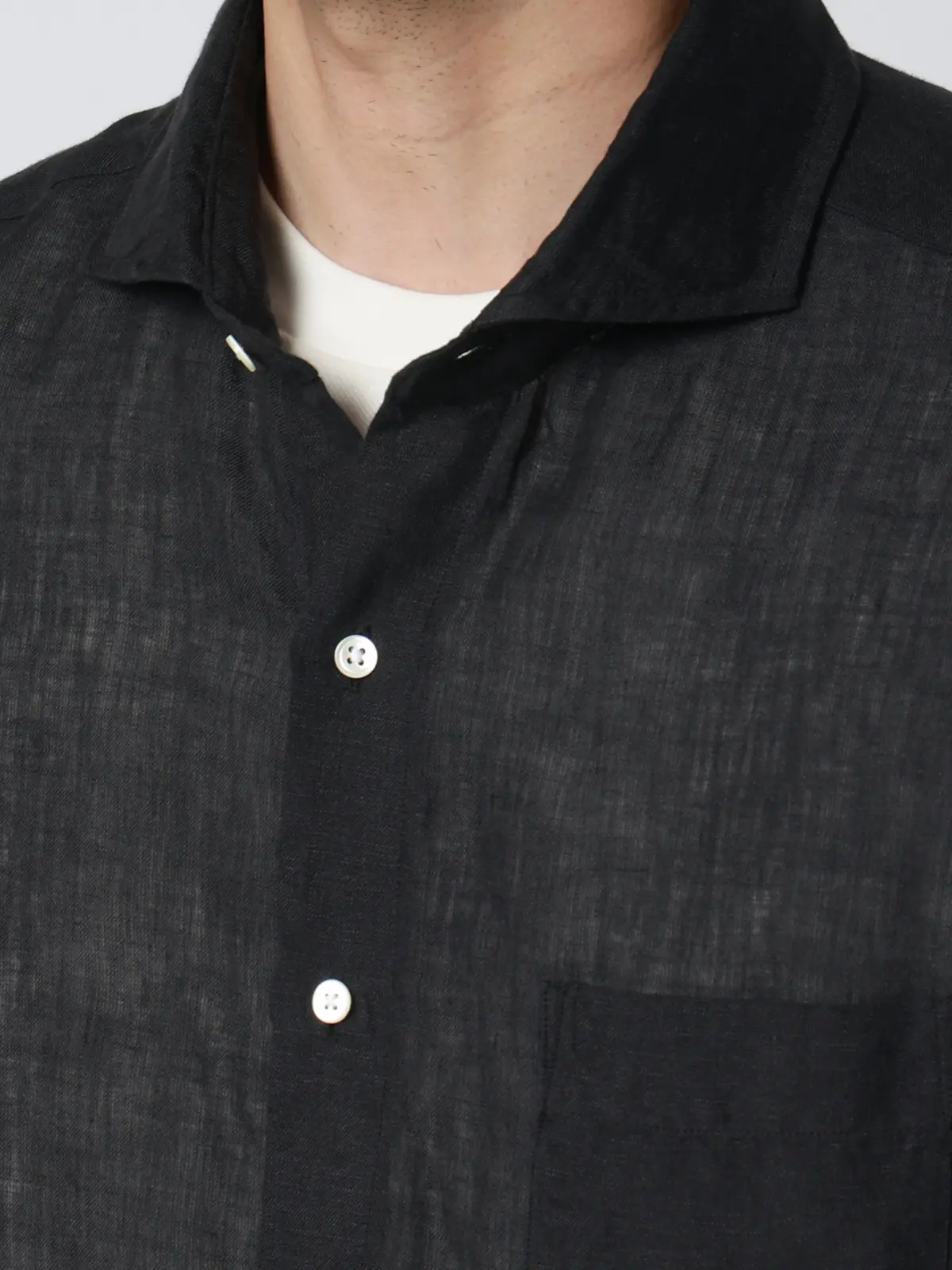カッタウェイシャツ／長袖／ウォッシャブル／リネン／無地 ブラック S