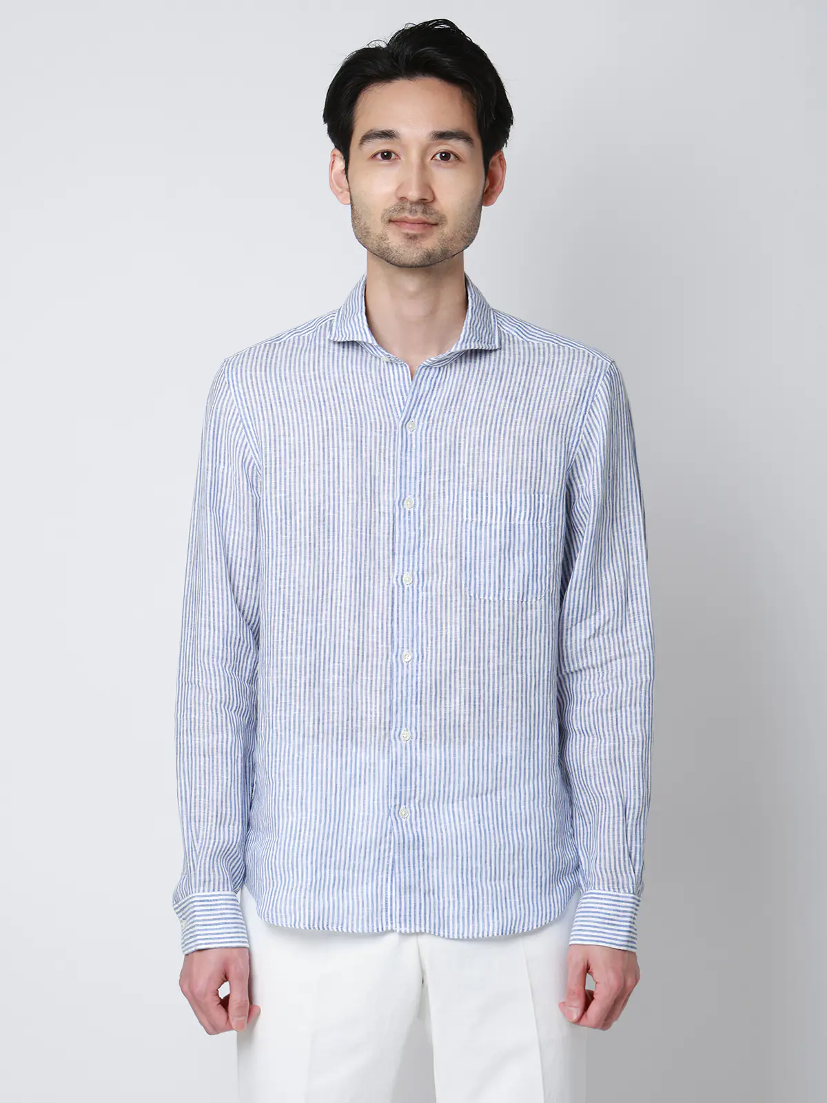 カッタウェイシャツ／長袖／ウォッシャブル／リネン／ストライプ ブルー S