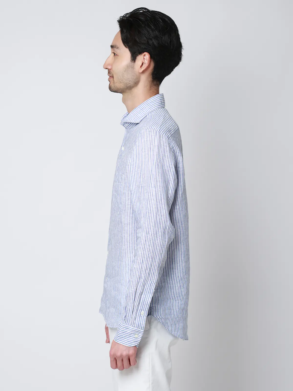 カッタウェイシャツ／長袖／ウォッシャブル／リネン／ストライプ ブルー S