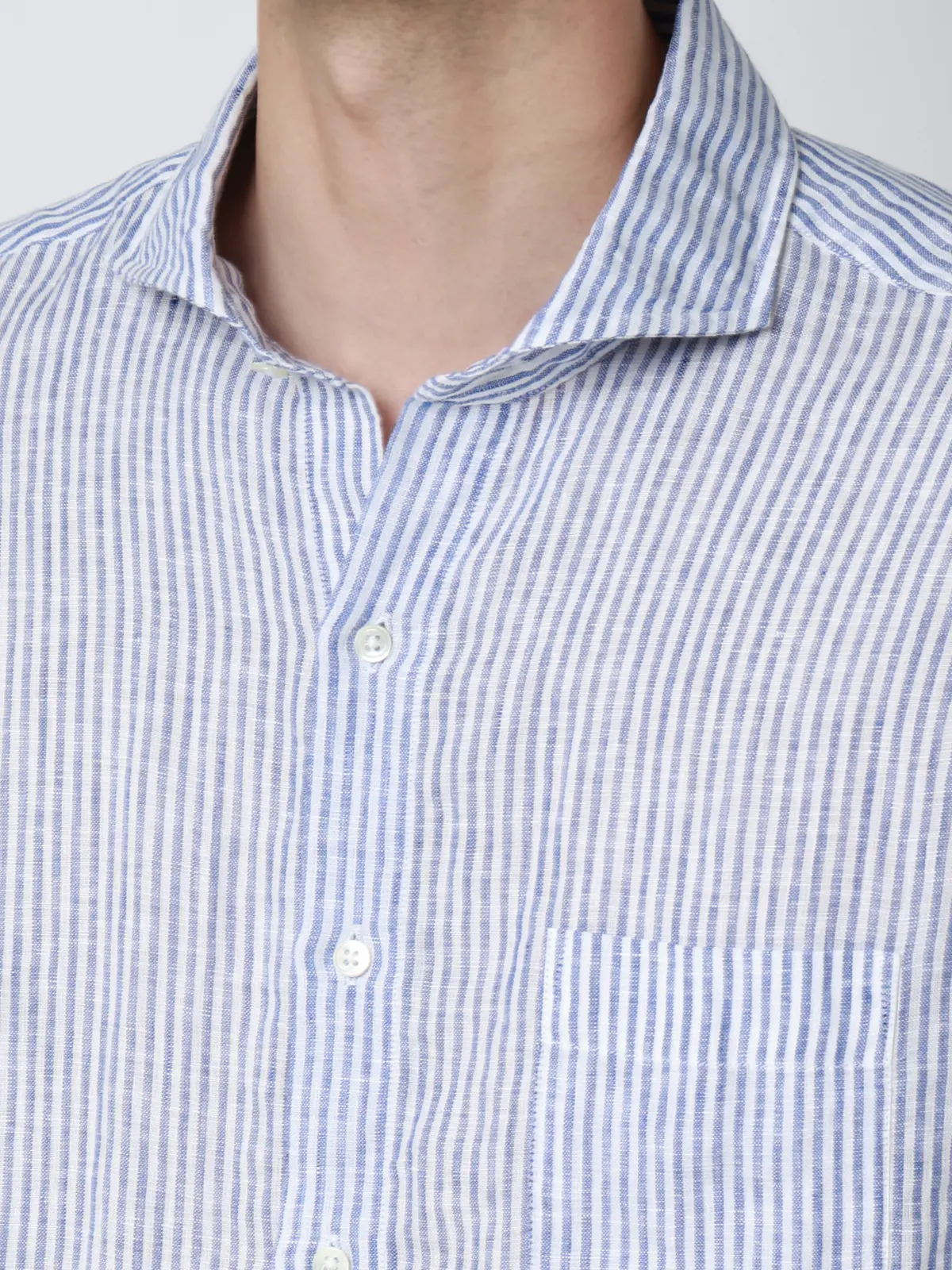 カッタウェイシャツ／長袖／ウォッシャブル／リネン／ストライプ ブルー S