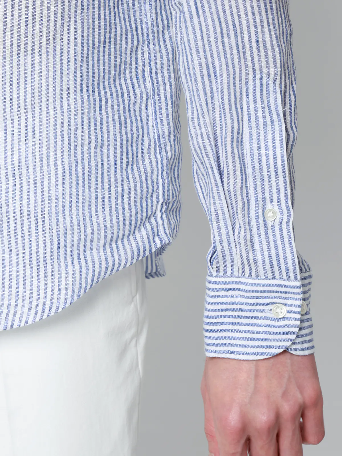 カッタウェイシャツ／長袖／ウォッシャブル／リネン／ストライプ ブルー S