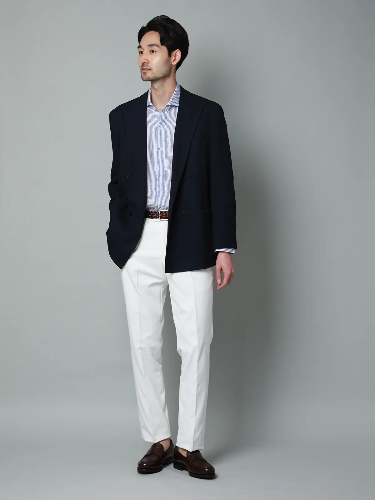 カッタウェイシャツ／長袖／ウォッシャブル／リネン／ストライプ ブルー S