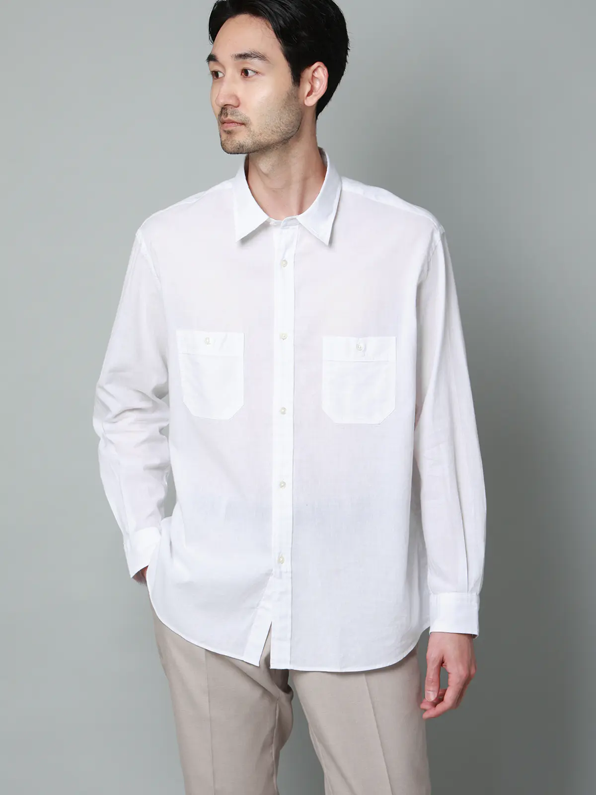 レギュラーカラーシャツ／長袖／ウォッシャブル／コットンリネンダンガリー／無地 ホワイト S