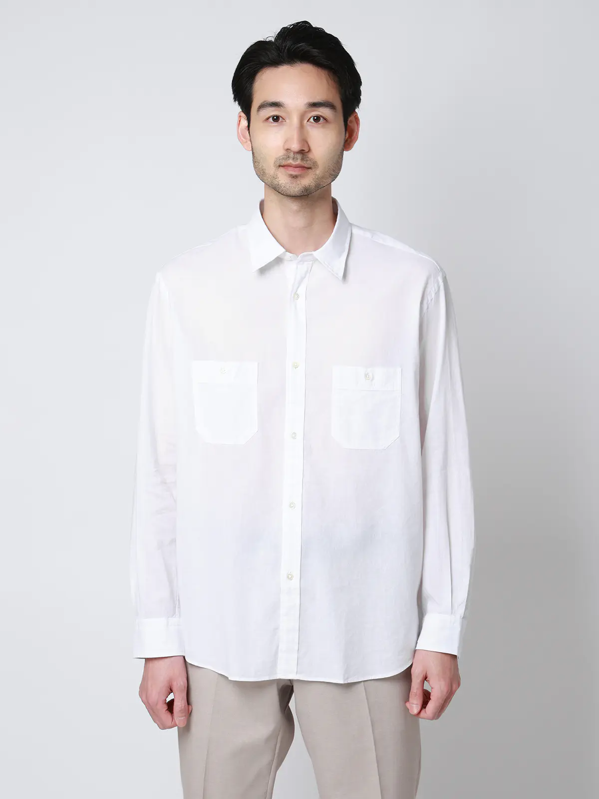 レギュラーカラーシャツ／長袖／ウォッシャブル／コットンリネンダンガリー／無地 ホワイト S