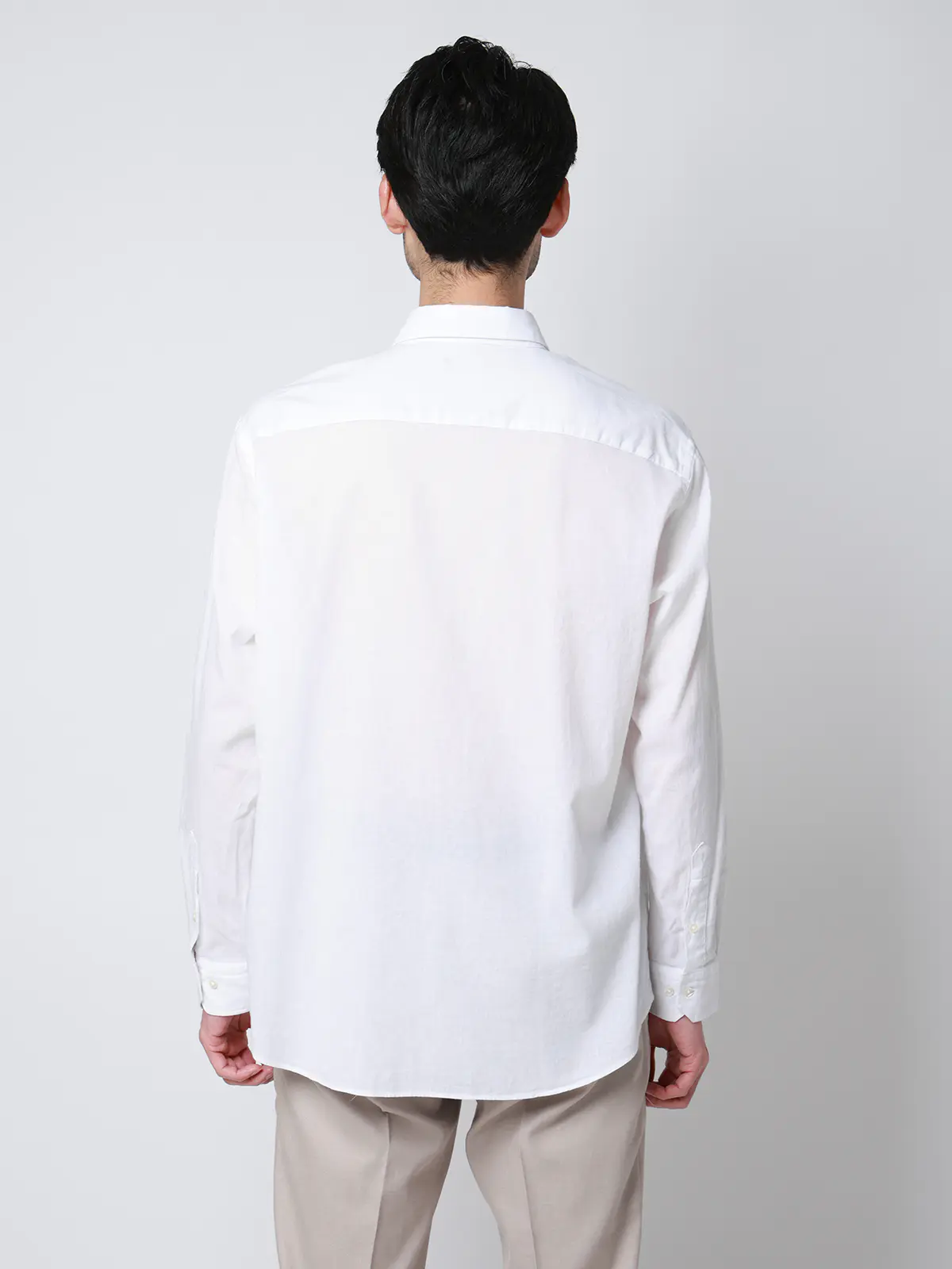 レギュラーカラーシャツ／長袖／ウォッシャブル／コットンリネンダンガリー／無地 ホワイト S