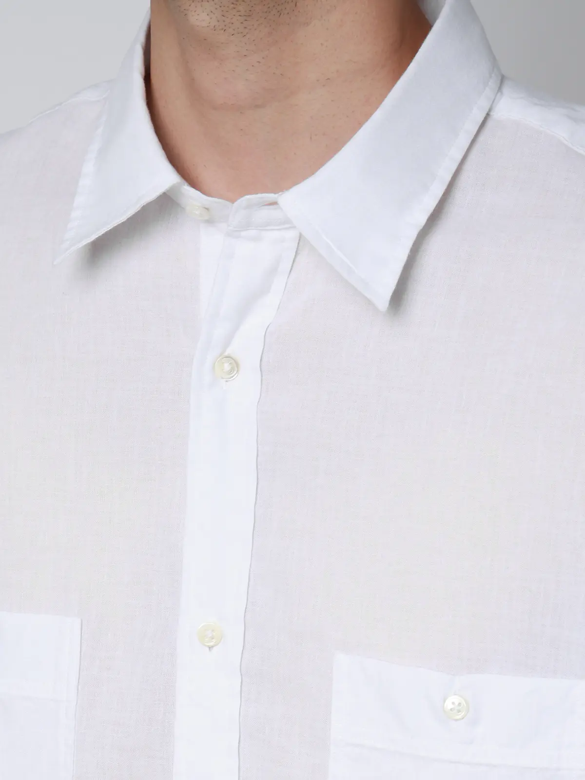 レギュラーカラーシャツ／長袖／ウォッシャブル／コットンリネンダンガリー／無地 ホワイト S