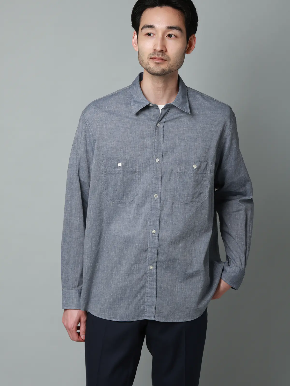 レギュラーカラーシャツ／長袖／ウォッシャブル／コットンリネンダンガリー／無地 ブルー S