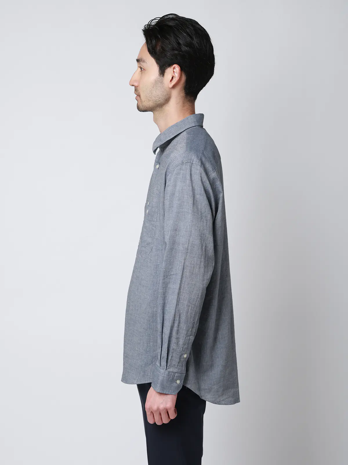 レギュラーカラーシャツ／長袖／ウォッシャブル／コットンリネンダンガリー／無地 ブルー S