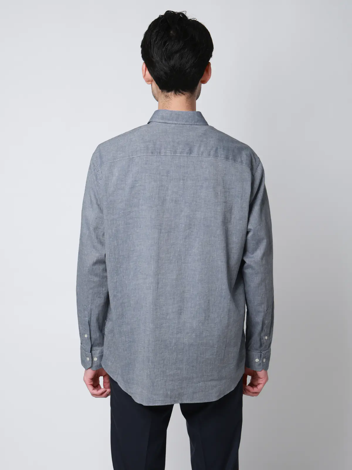 レギュラーカラーシャツ／長袖／ウォッシャブル／コットンリネンダンガリー／無地 ブルー S