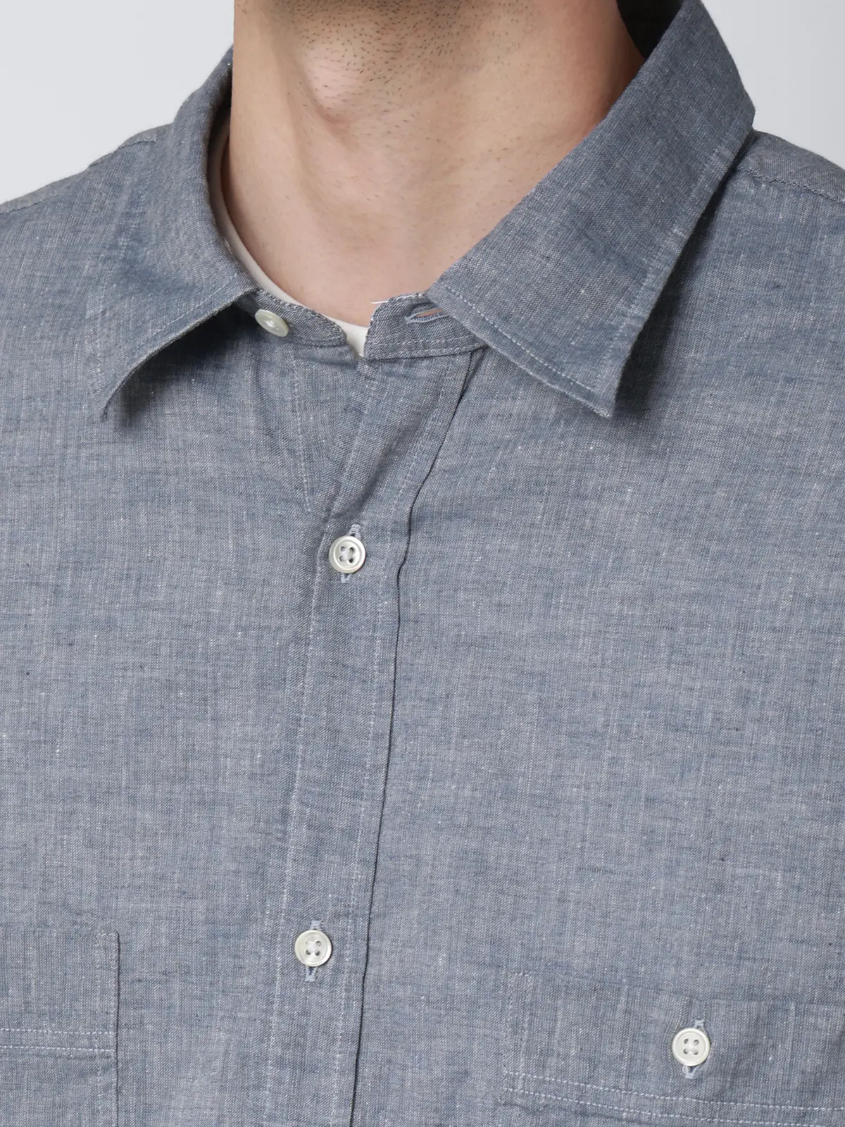 レギュラーカラーシャツ／長袖／ウォッシャブル／コットンリネンダンガリー／無地 ブルー S