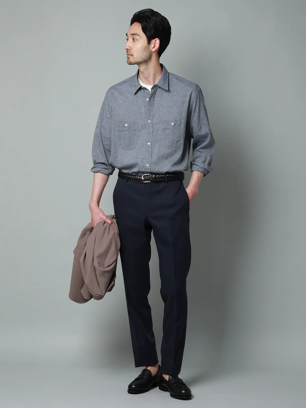 レギュラーカラーシャツ／長袖／ウォッシャブル／コットンリネンダンガリー／無地 ブルー S