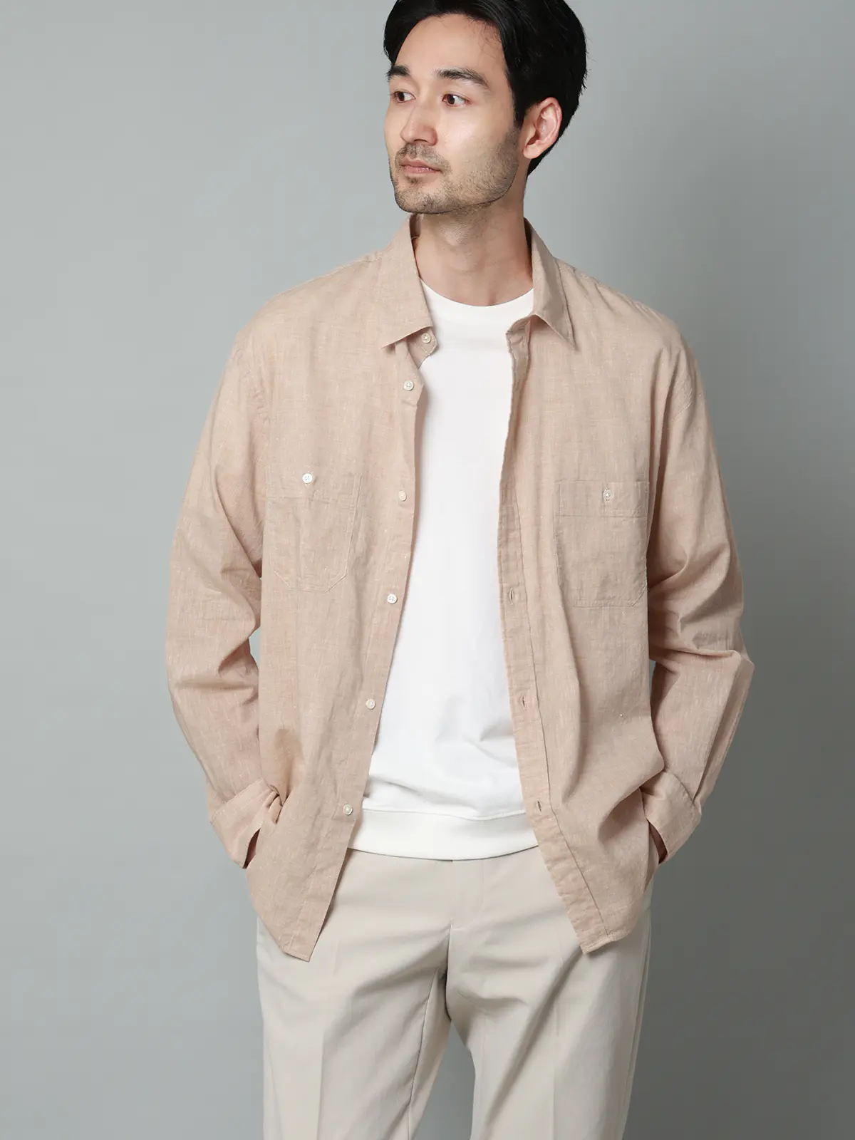 レギュラーカラーシャツ／長袖／ウォッシャブル／コットンリネンダンガリー／無地 ベージュ M