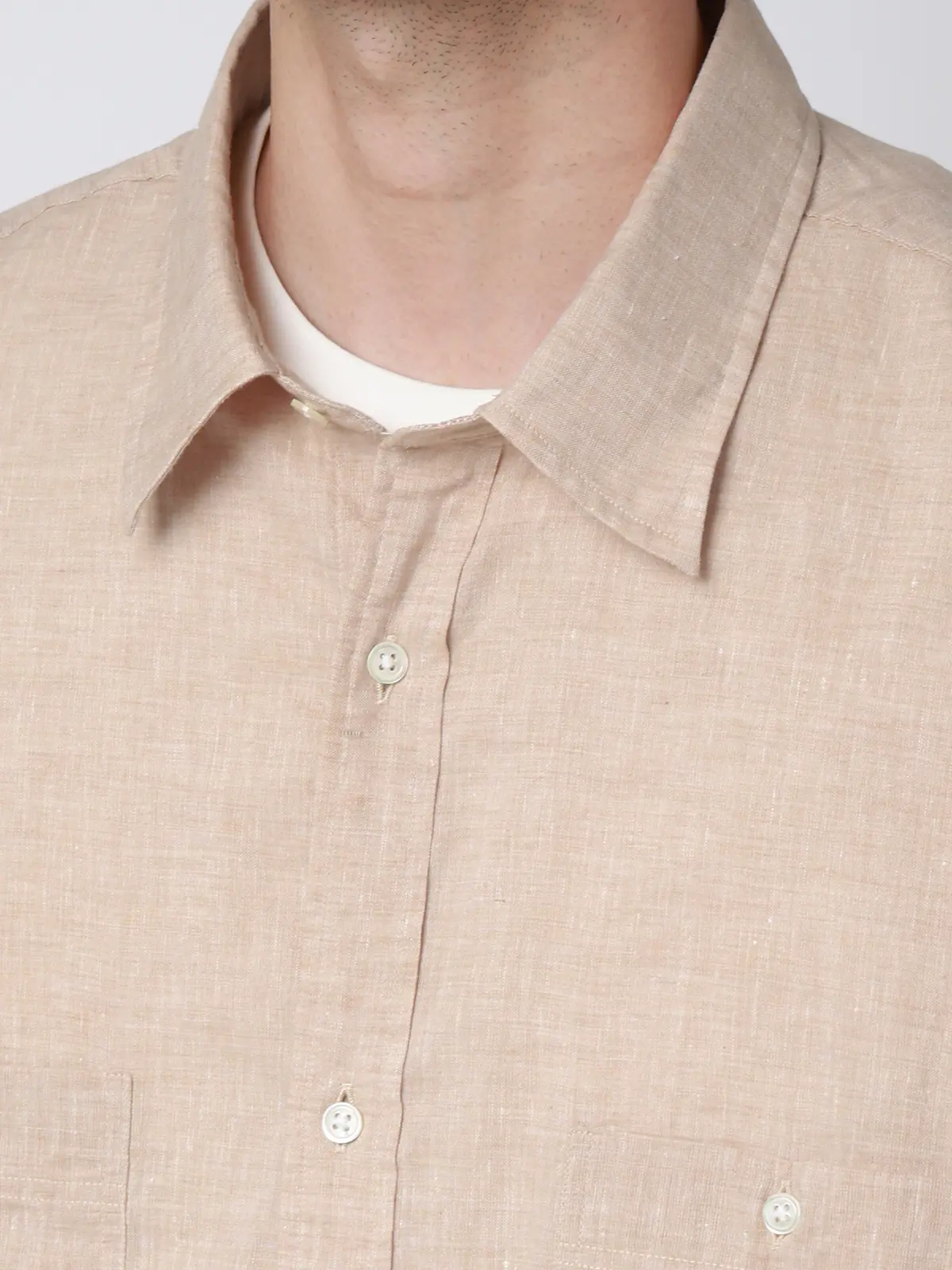 レギュラーカラーシャツ／長袖／ウォッシャブル／コットンリネンダンガリー／無地 ベージュ M