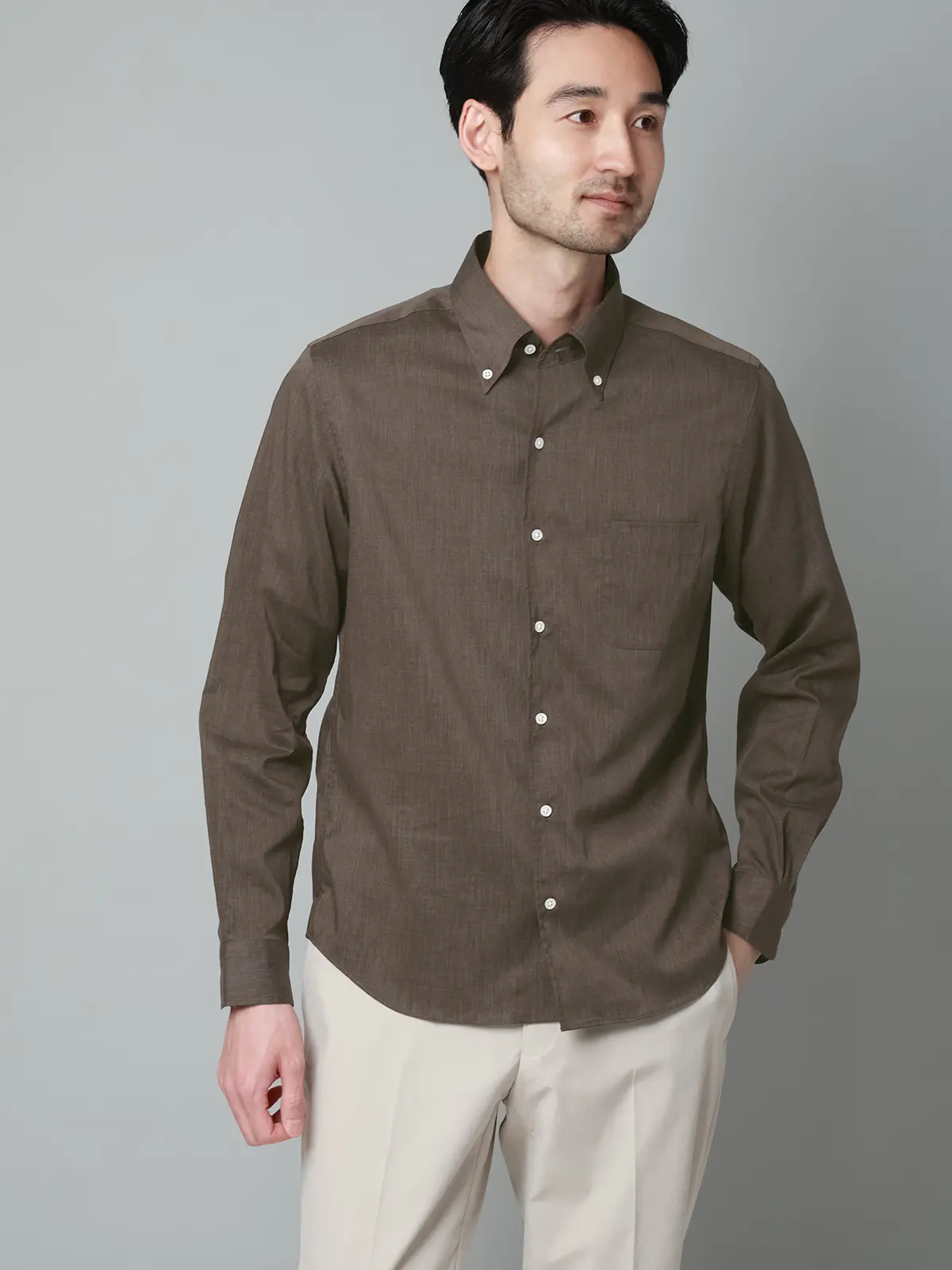 ボタンダウン×ワンピースカラーシャツ／長袖／ウォッシャブル／COOL MAX／無地 ブラウン S