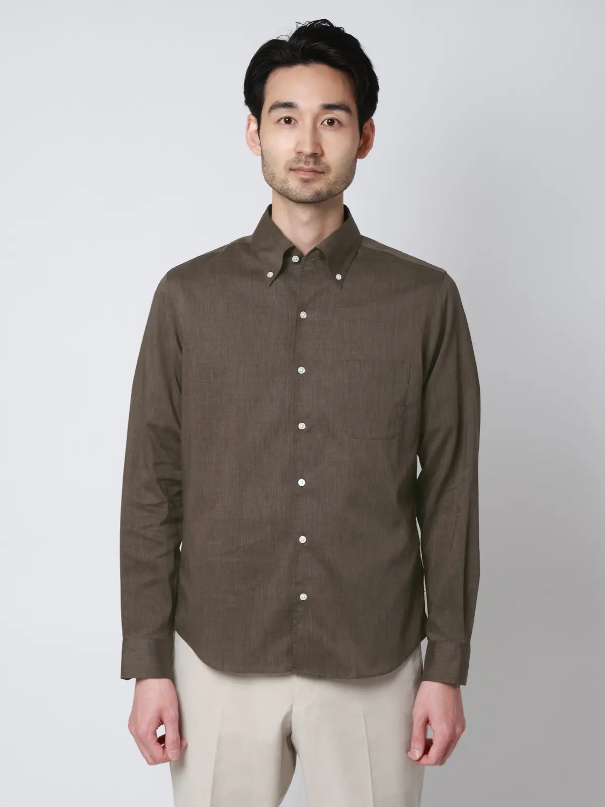 ボタンダウン×ワンピースカラーシャツ／長袖／ウォッシャブル／COOL MAX／無地 ブラウン S