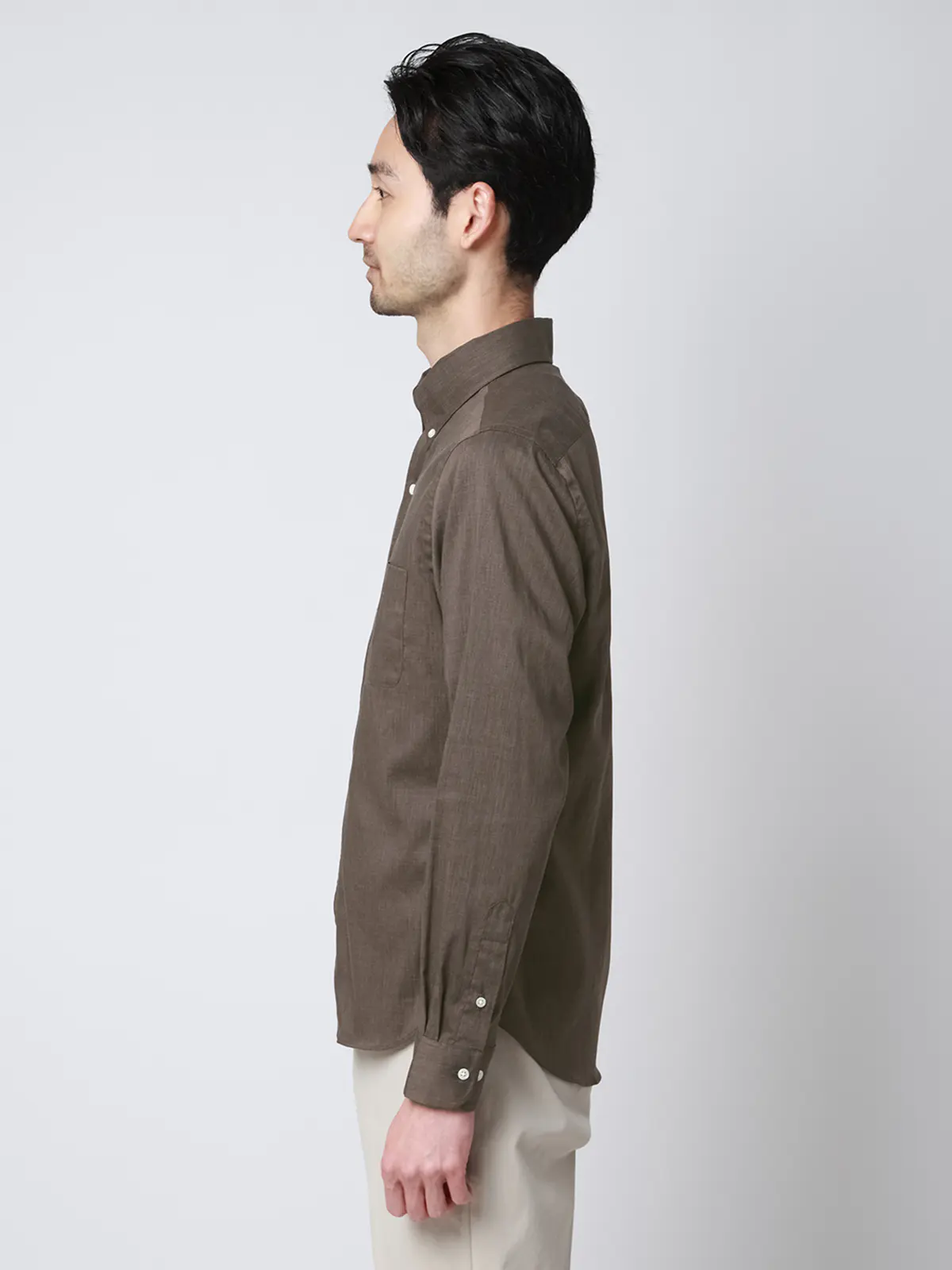 ボタンダウン×ワンピースカラーシャツ／長袖／ウォッシャブル／COOL MAX／無地 ブラウン S