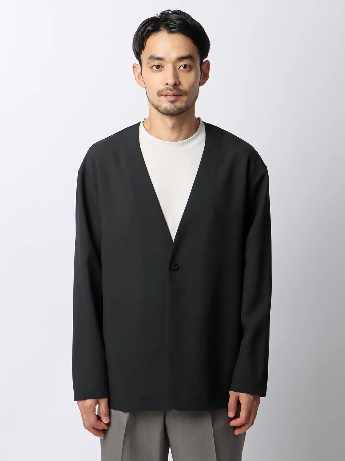 オフィパック／カーディガンシャツ／ストレッチ／吸水速乾／ウールライクトロピカル／無地 ブラック L