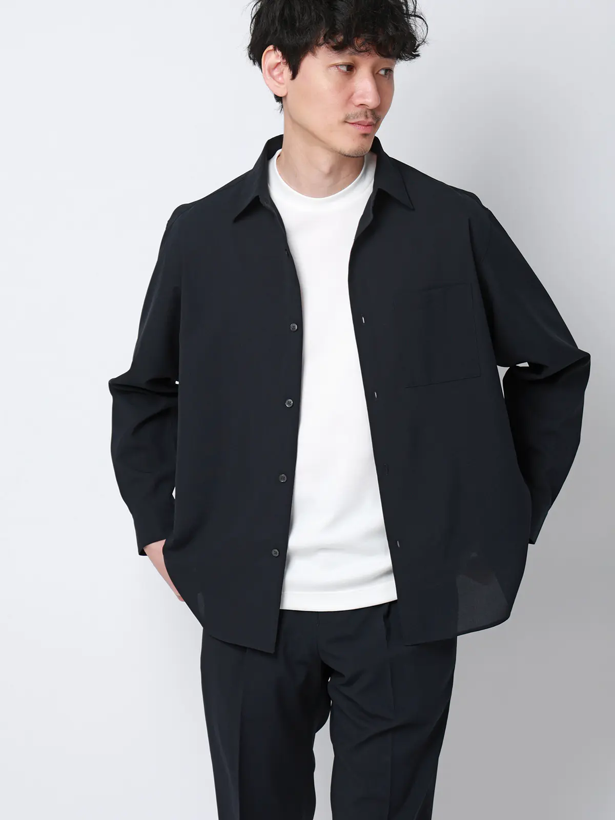 SMACTIVE COOL／レギュラーカラーシャツ／長袖／接触冷感／ウールライクトロピカル／無地 ネイビー S